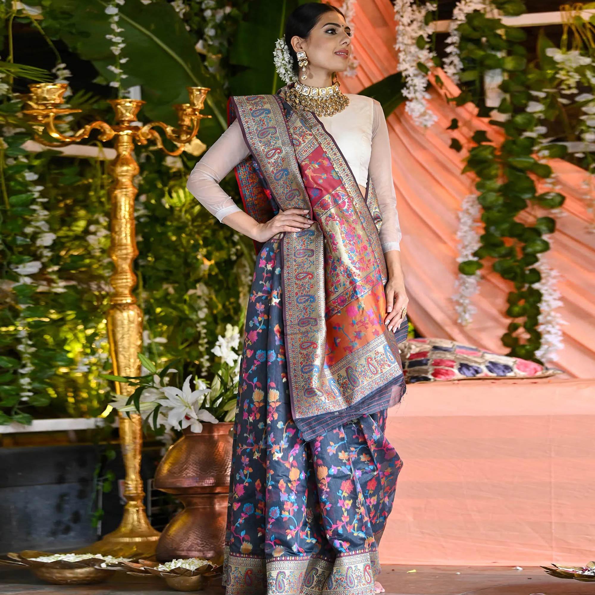 Blue Printed Cotton Silk Saree - Peachmode