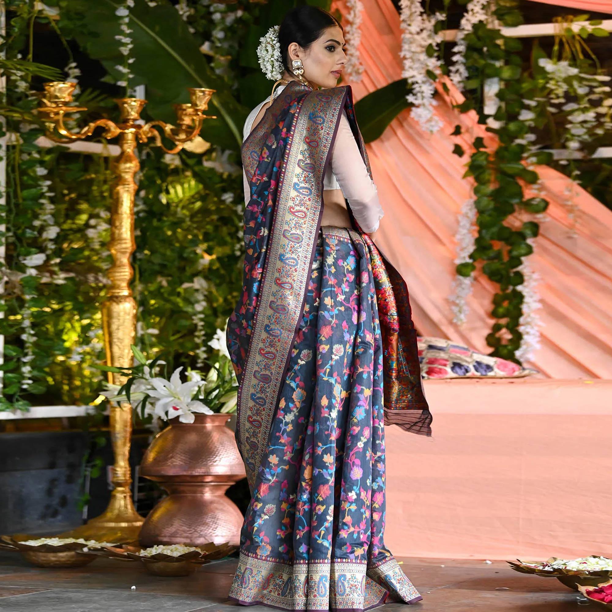 Blue Printed Cotton Silk Saree - Peachmode