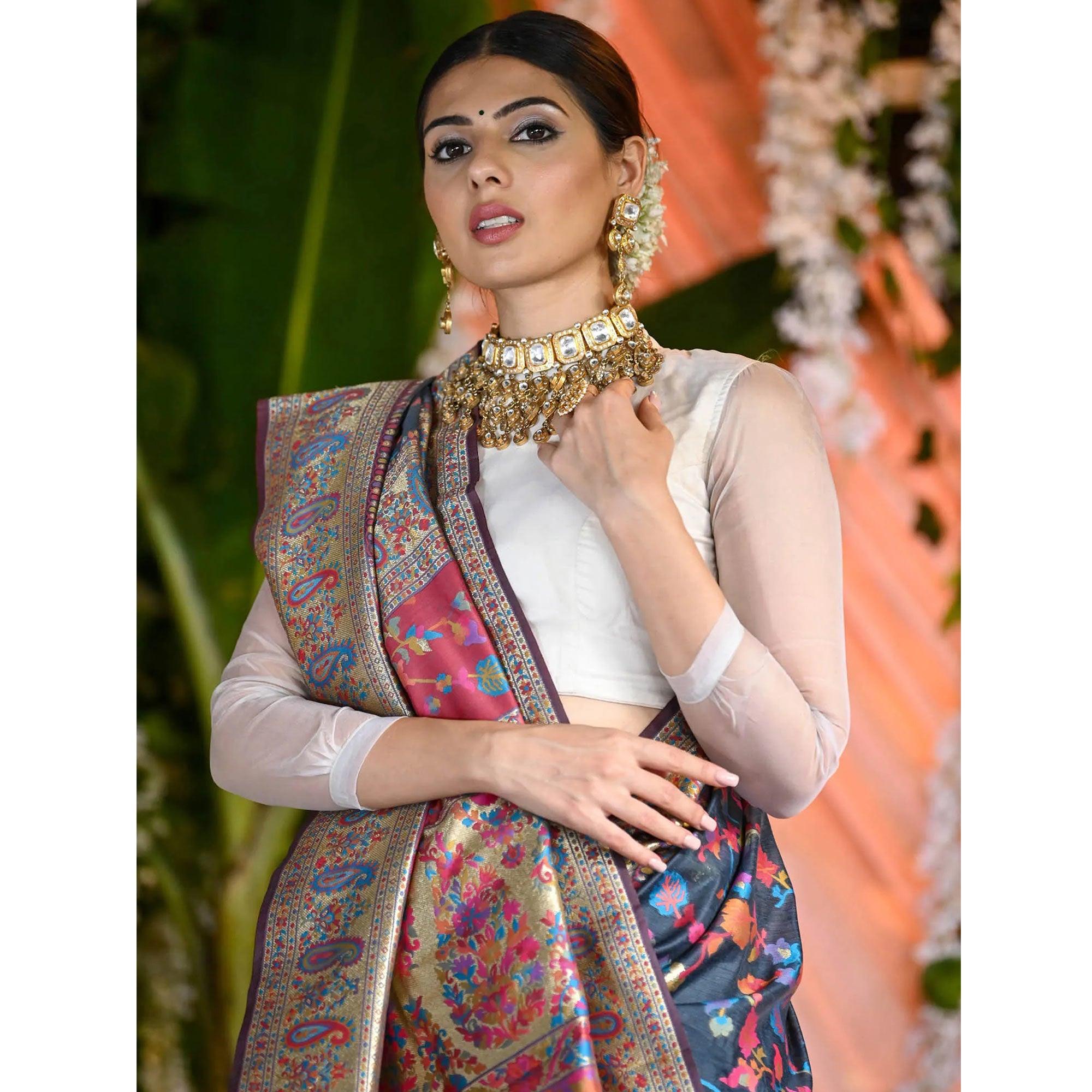 Blue Printed Cotton Silk Saree - Peachmode