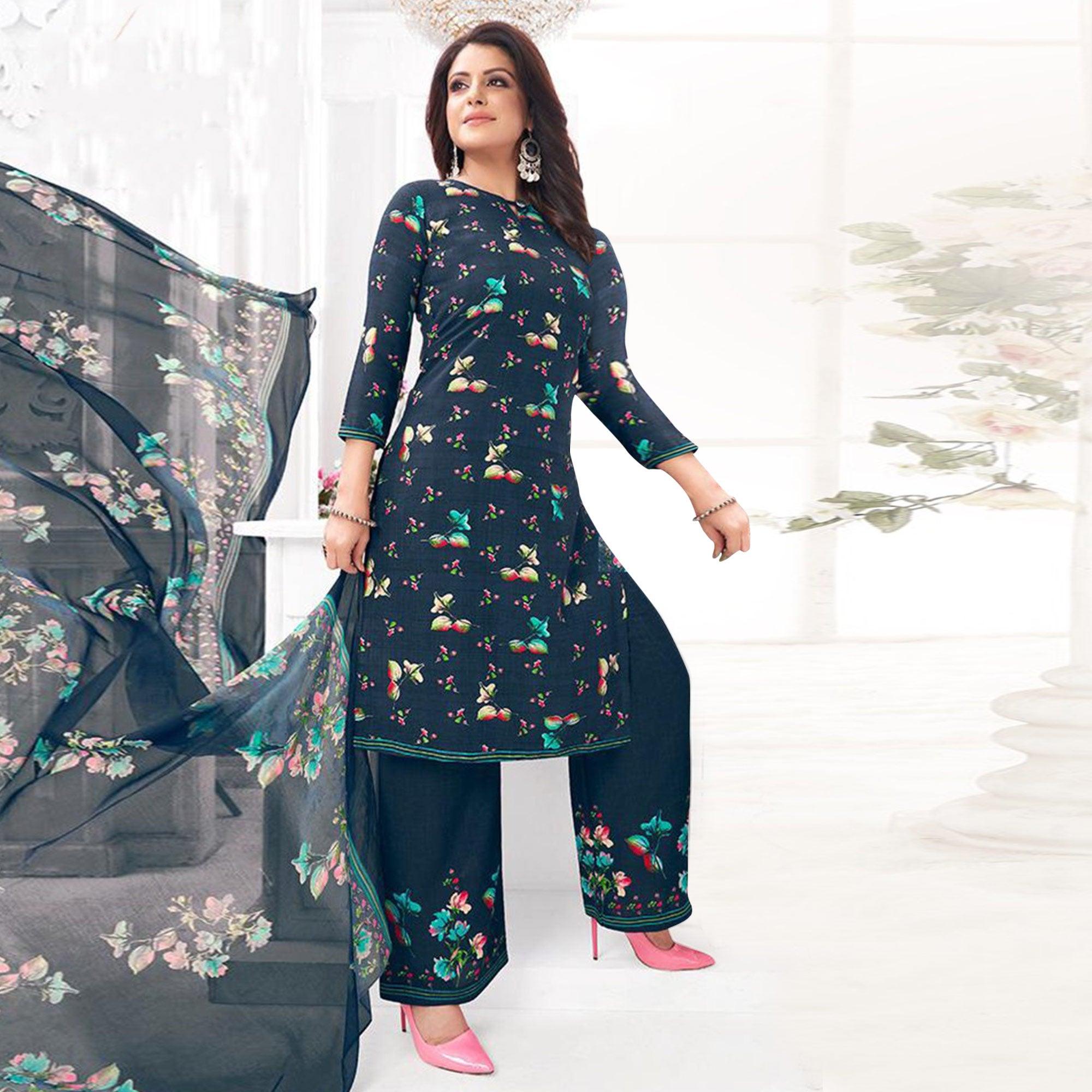 Blue Printed Crepe Dress Material - Peachmode
