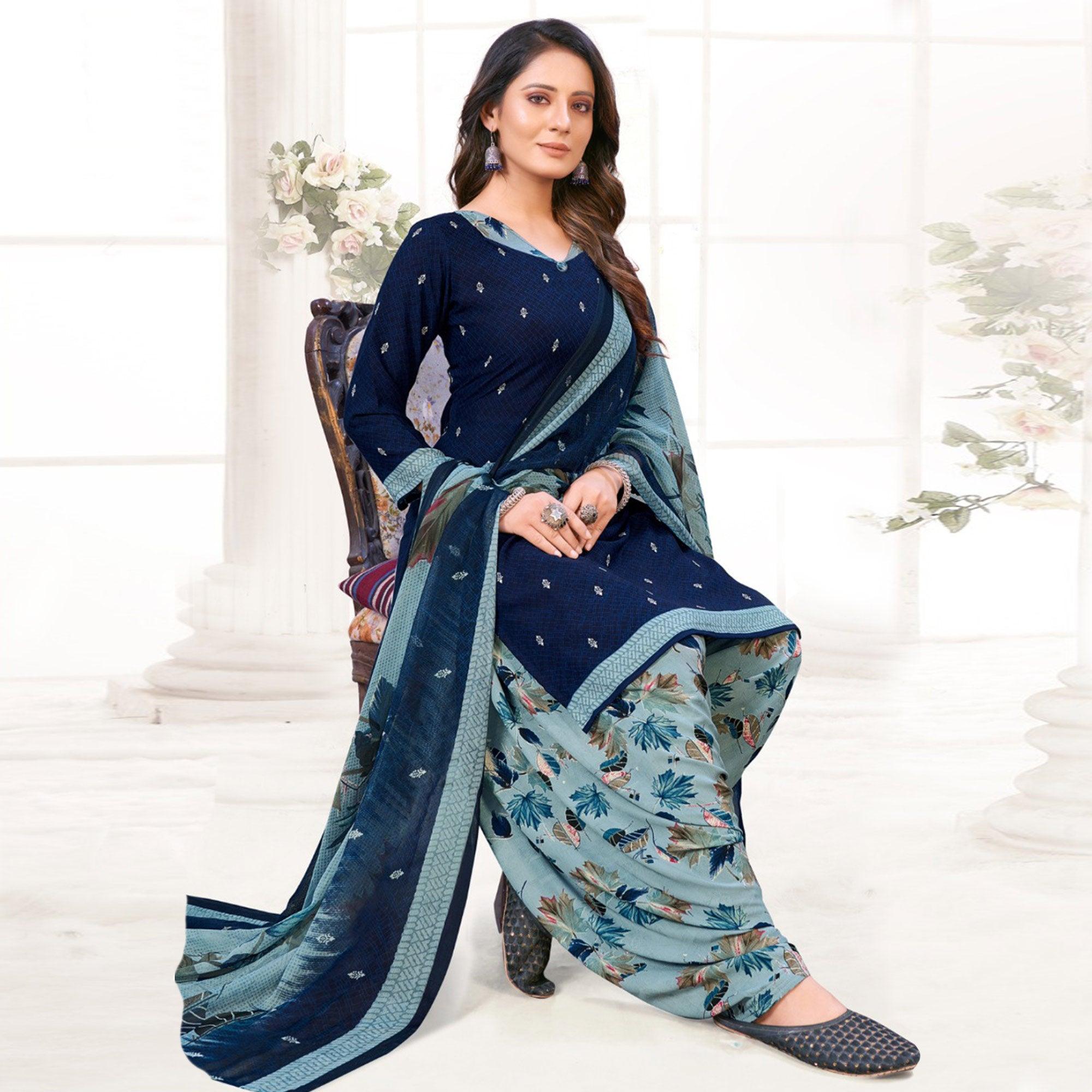 Blue Printed Crepe Patiala Dress Material - Peachmode