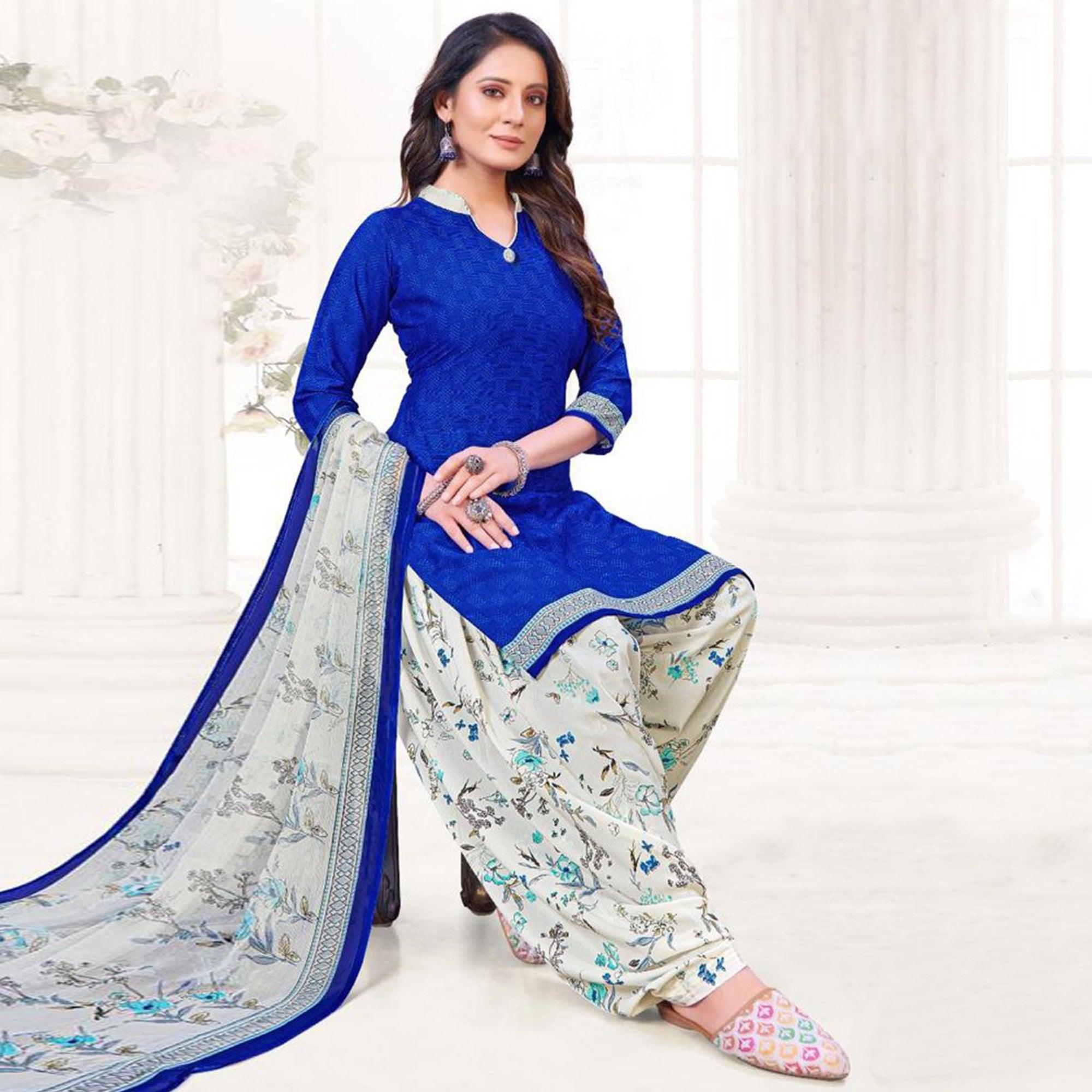 Blue Printed Crepe Patiala Dress Material - Peachmode