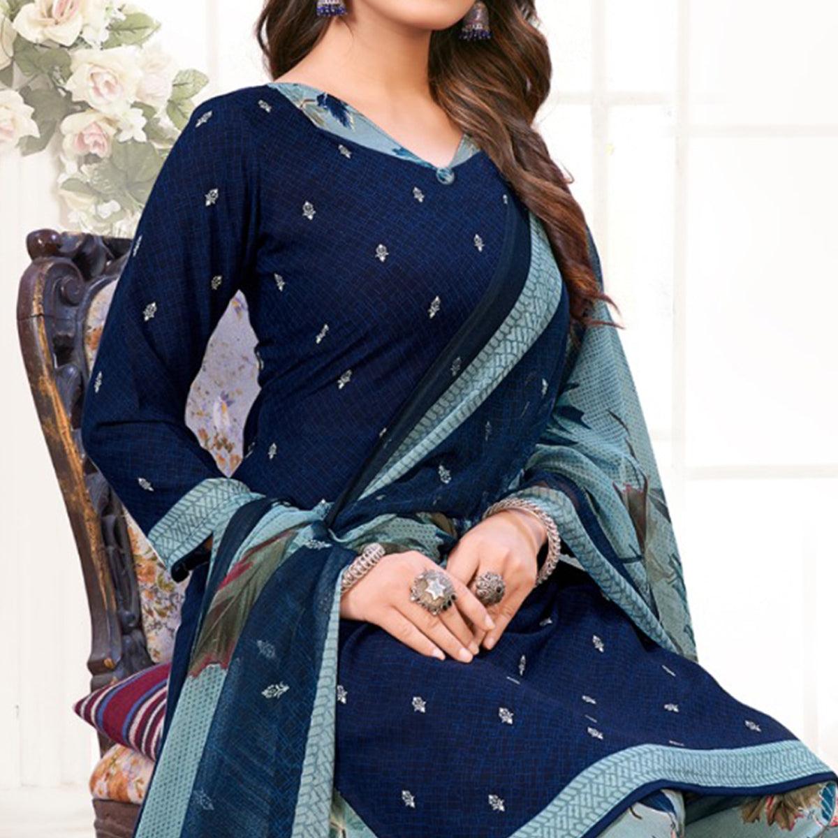 Blue Printed Crepe Patiala Dress Material - Peachmode