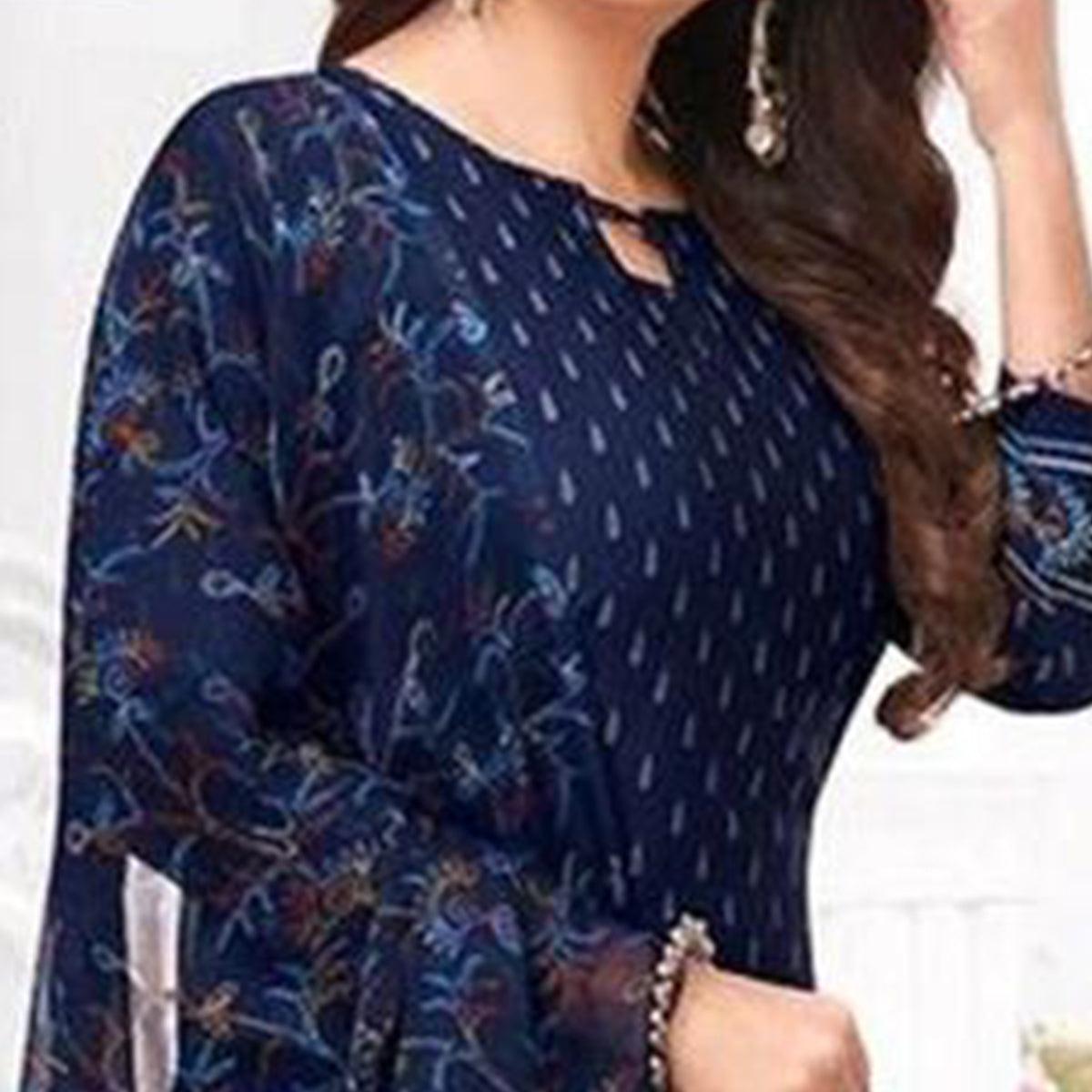 Blue Printed Crepe Patiala Dress Material - Peachmode