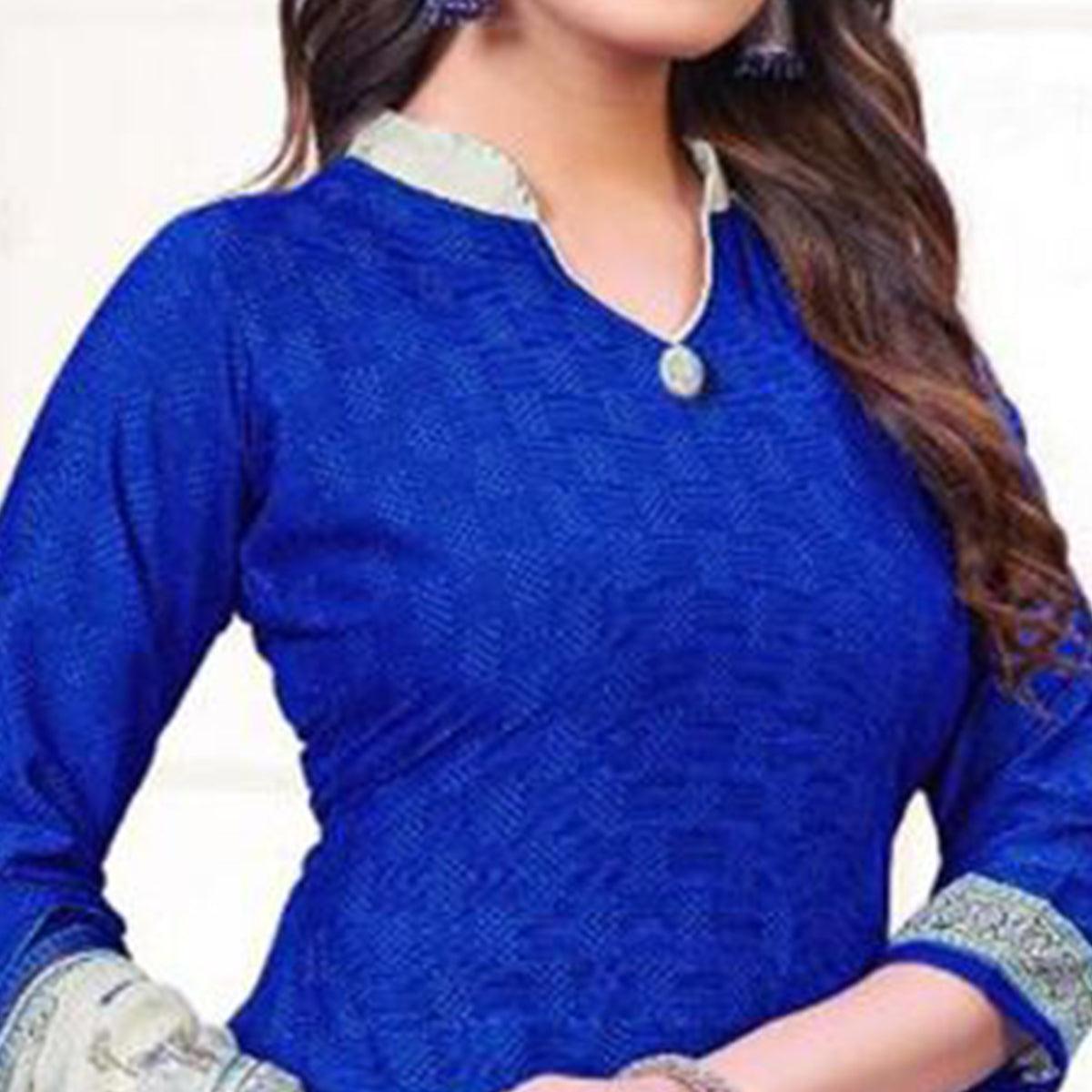 Blue Printed Crepe Patiala Dress Material - Peachmode