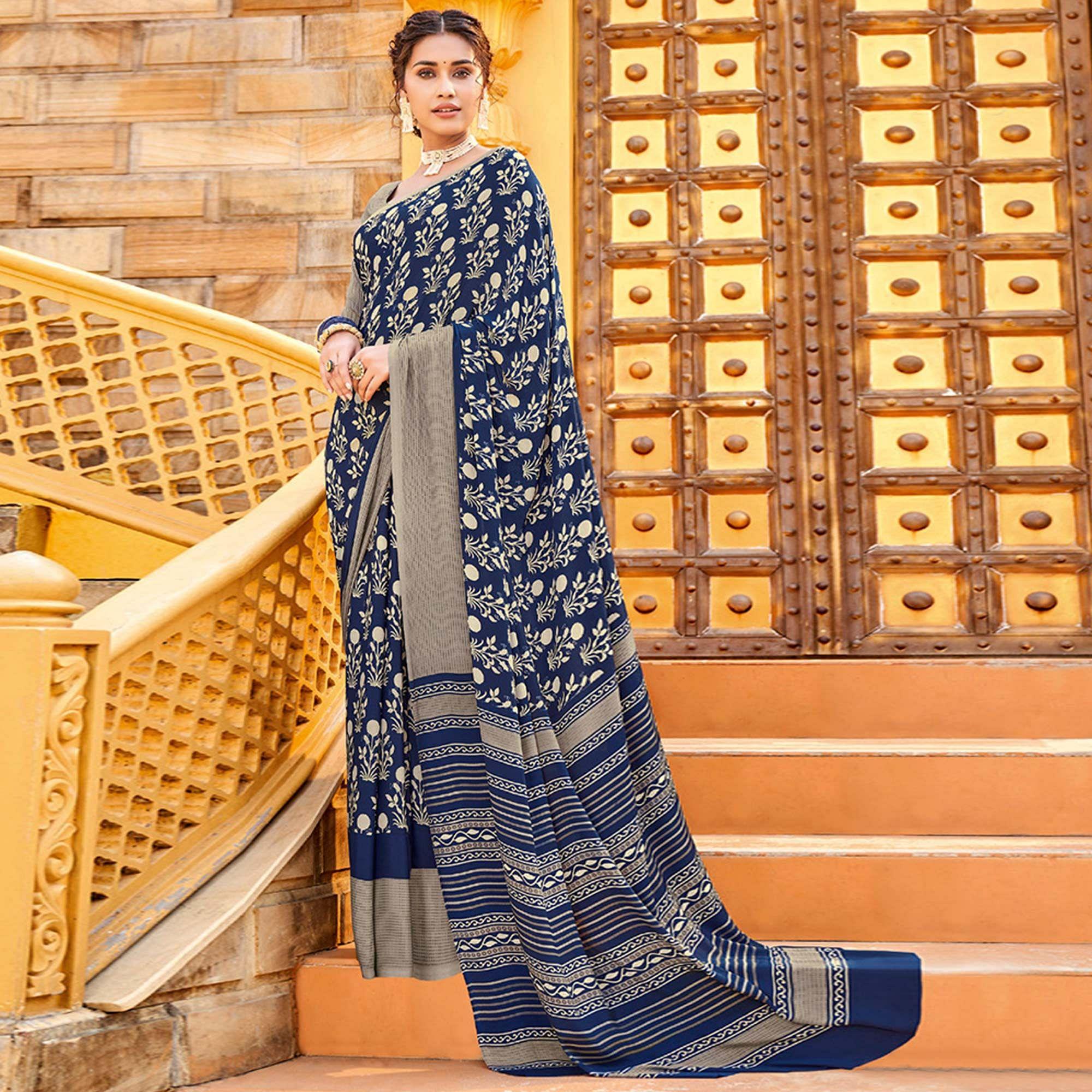 Blue Printed Crepe Saree - Peachmode