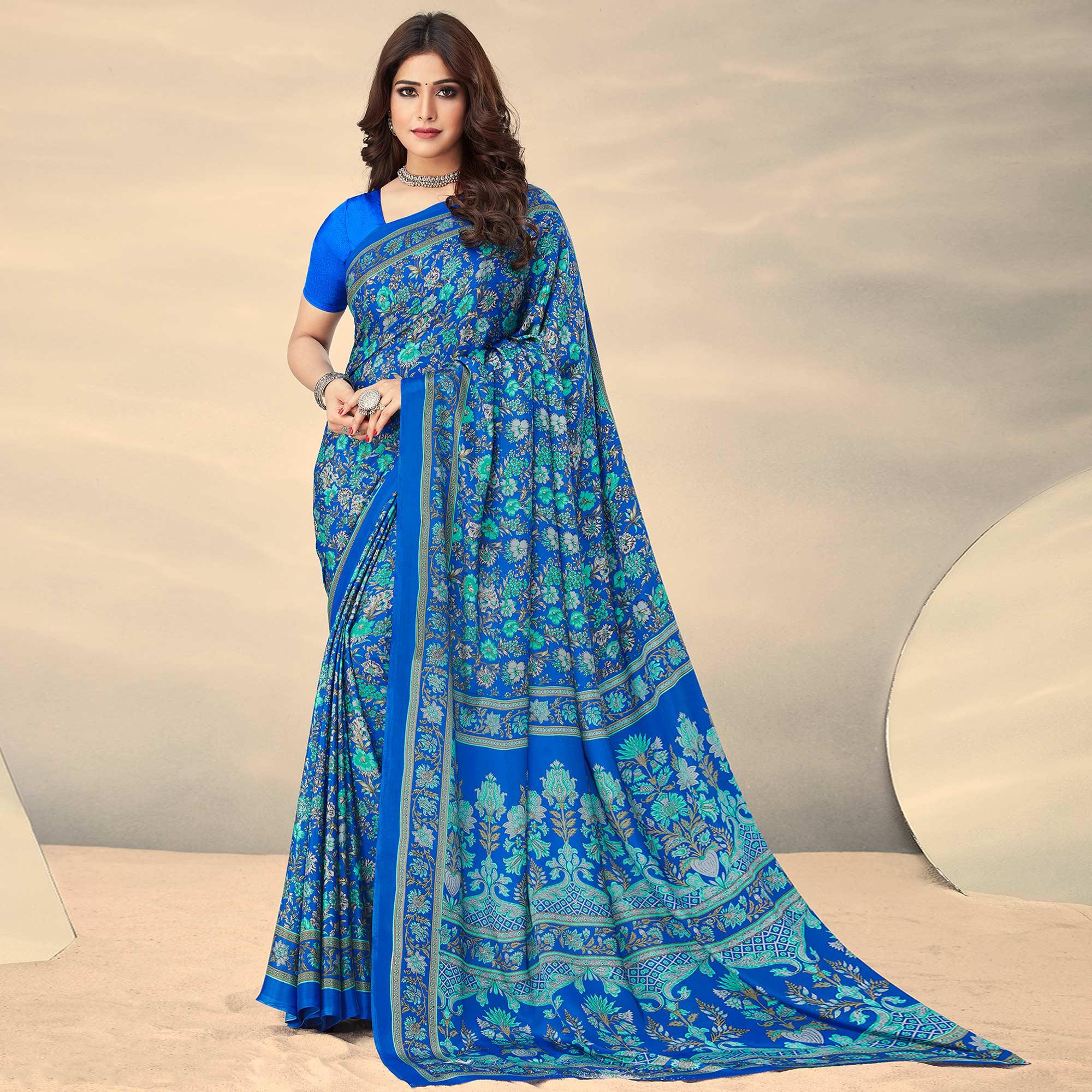 Blue Printed Crepe Saree - Peachmode