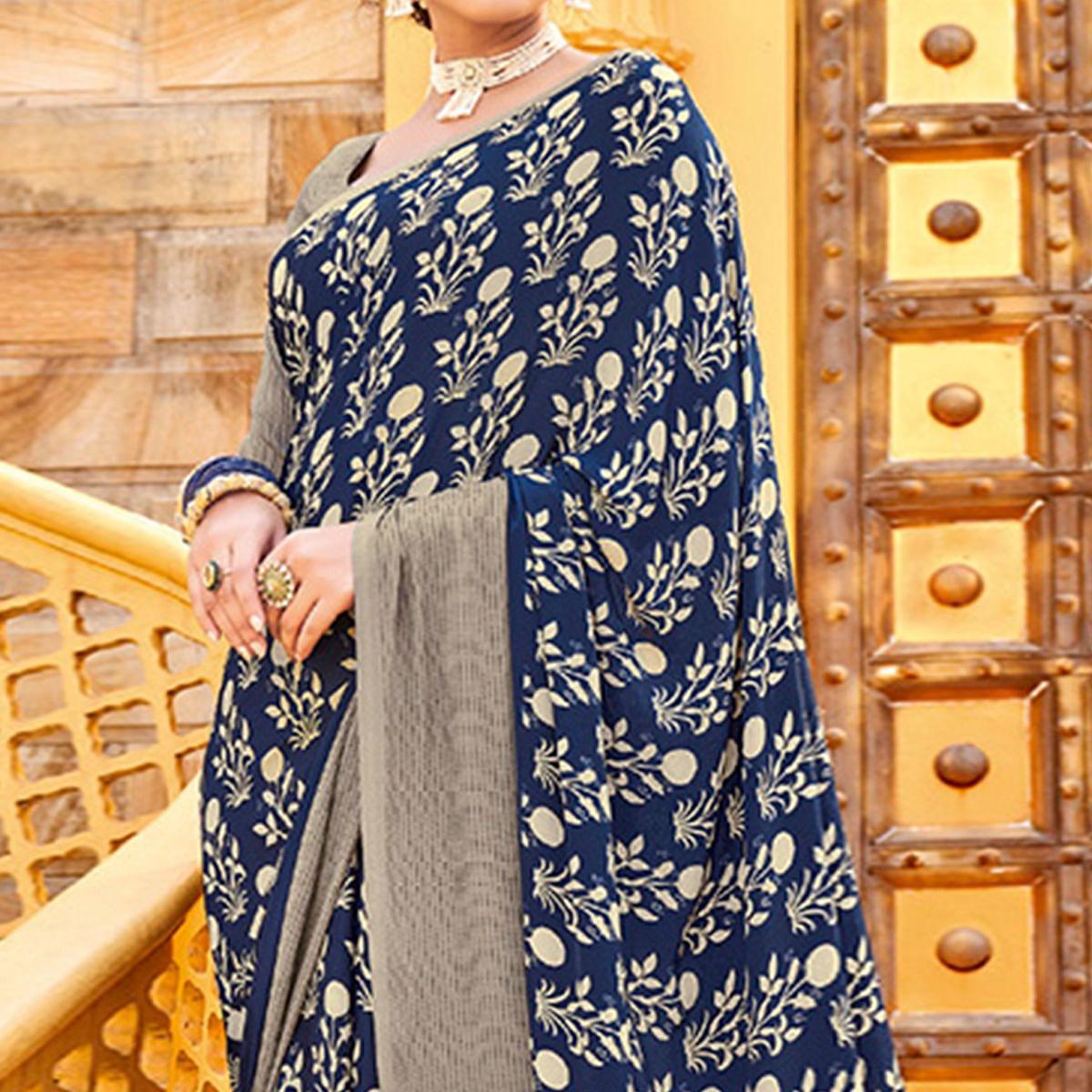 Blue Printed Crepe Saree - Peachmode