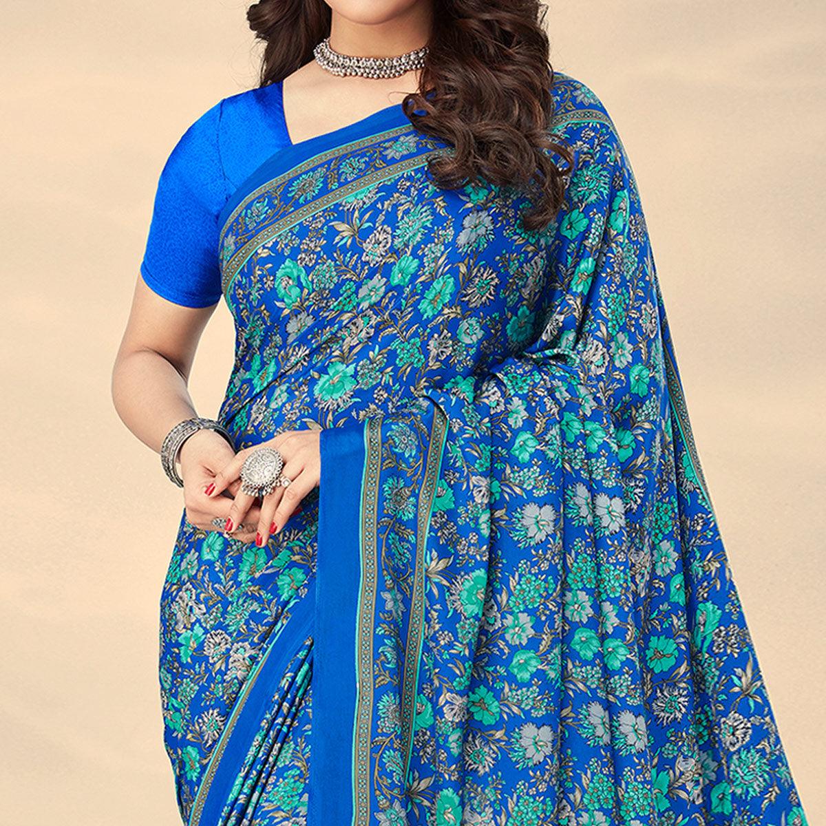 Blue Printed Crepe Saree - Peachmode