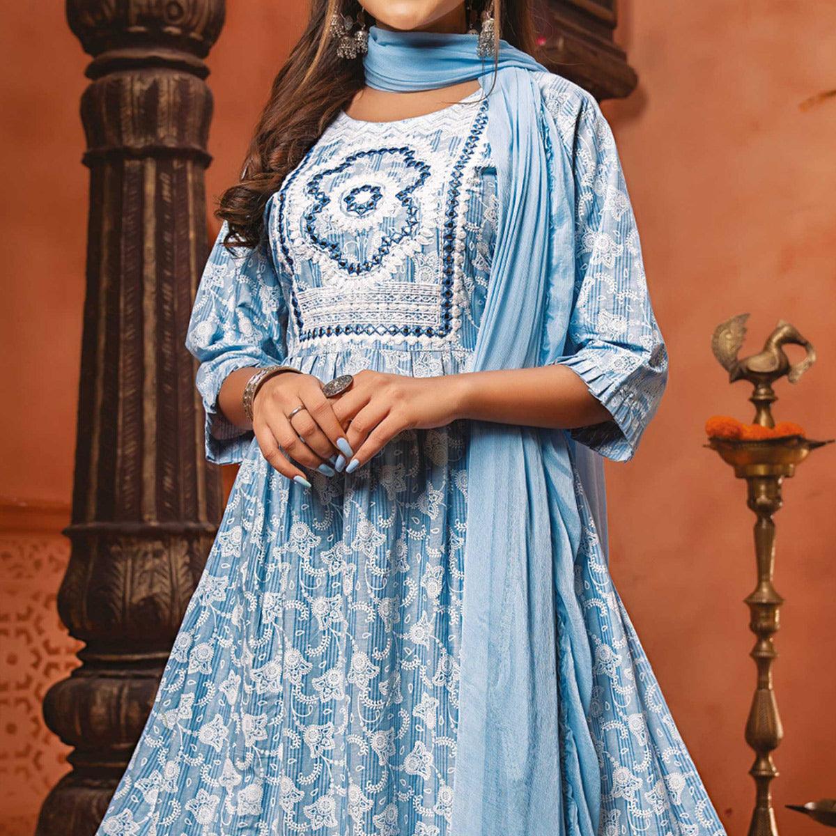 Blue Printed-Embroidered Poly Cotton Gown With Dupatta - Peachmode