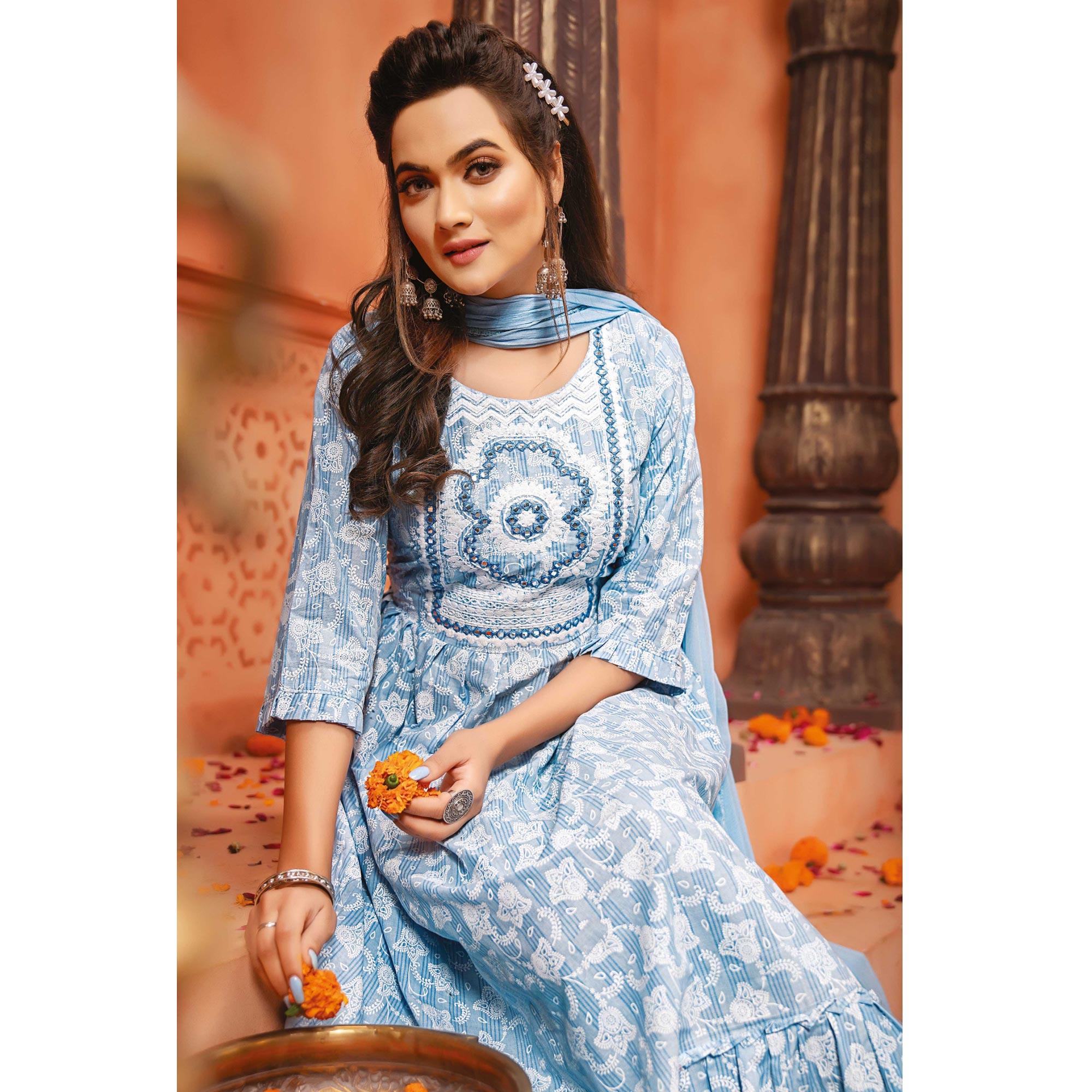 Blue Printed-Embroidered Poly Cotton Gown With Dupatta - Peachmode