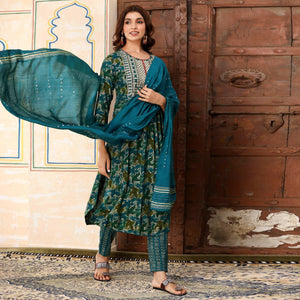 Blue Printed-Embroidered Rayon Salwar Suit - Peachmode