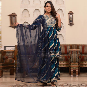 Blue Printed-Embroidered Rayon Sharara Suit - Peachmode