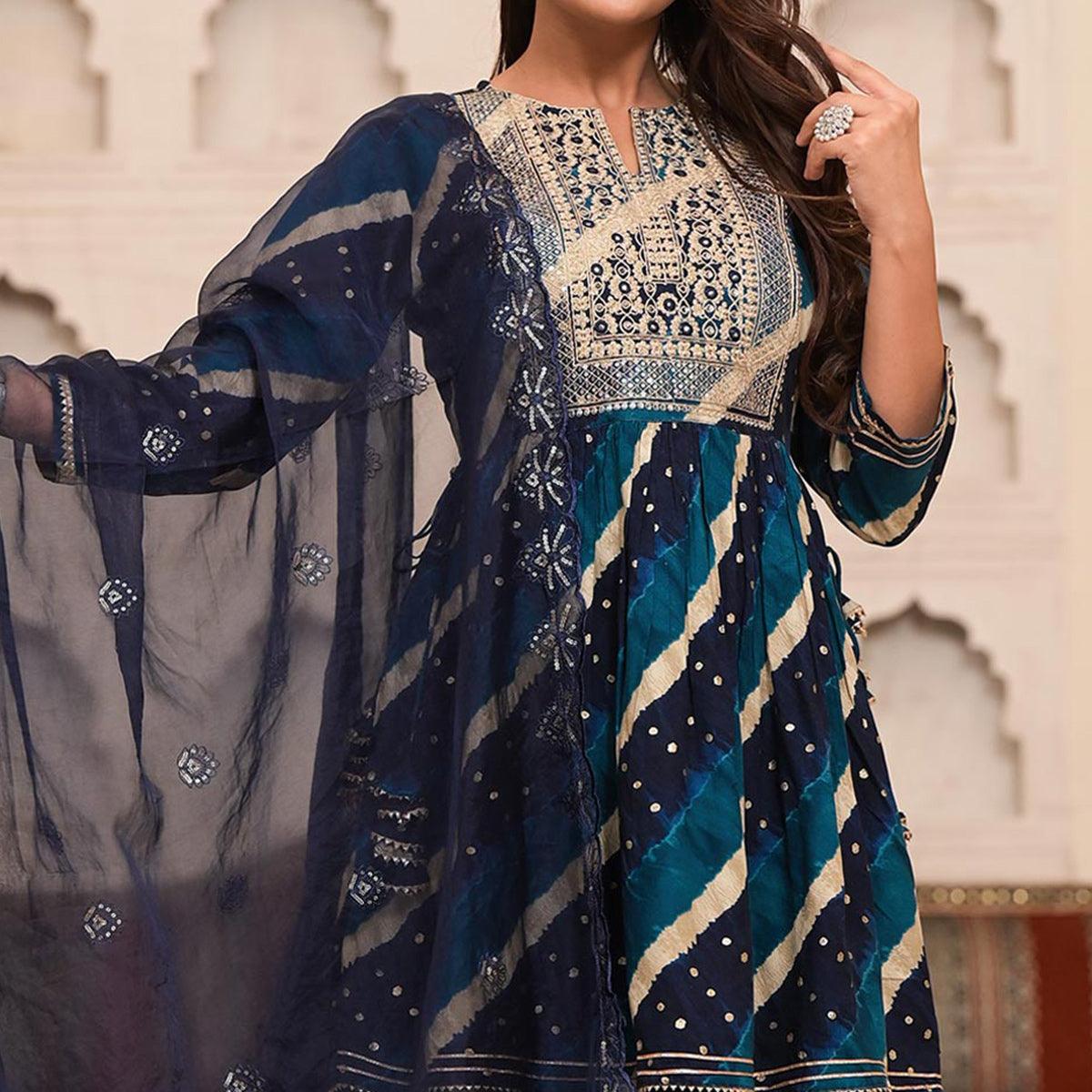 Blue Printed-Embroidered Rayon Sharara Suit - Peachmode
