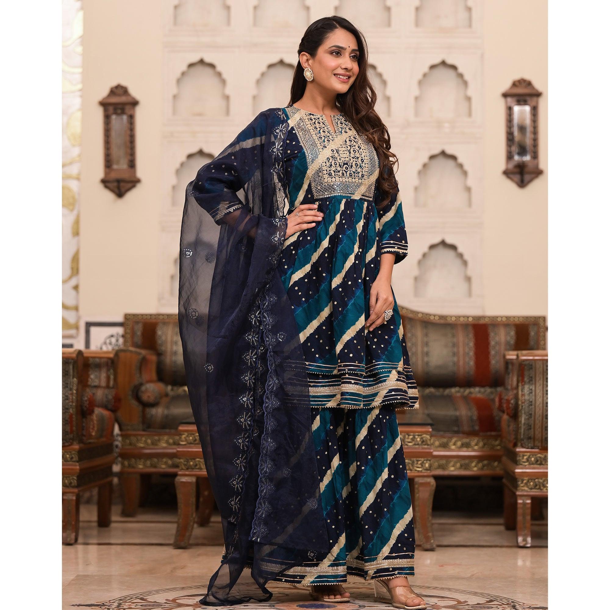 Blue Printed-Embroidered Rayon Sharara Suit - Peachmode
