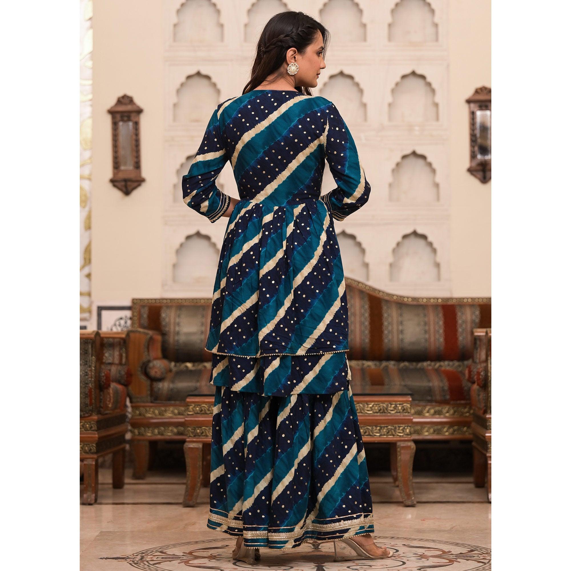 Blue Printed-Embroidered Rayon Sharara Suit - Peachmode