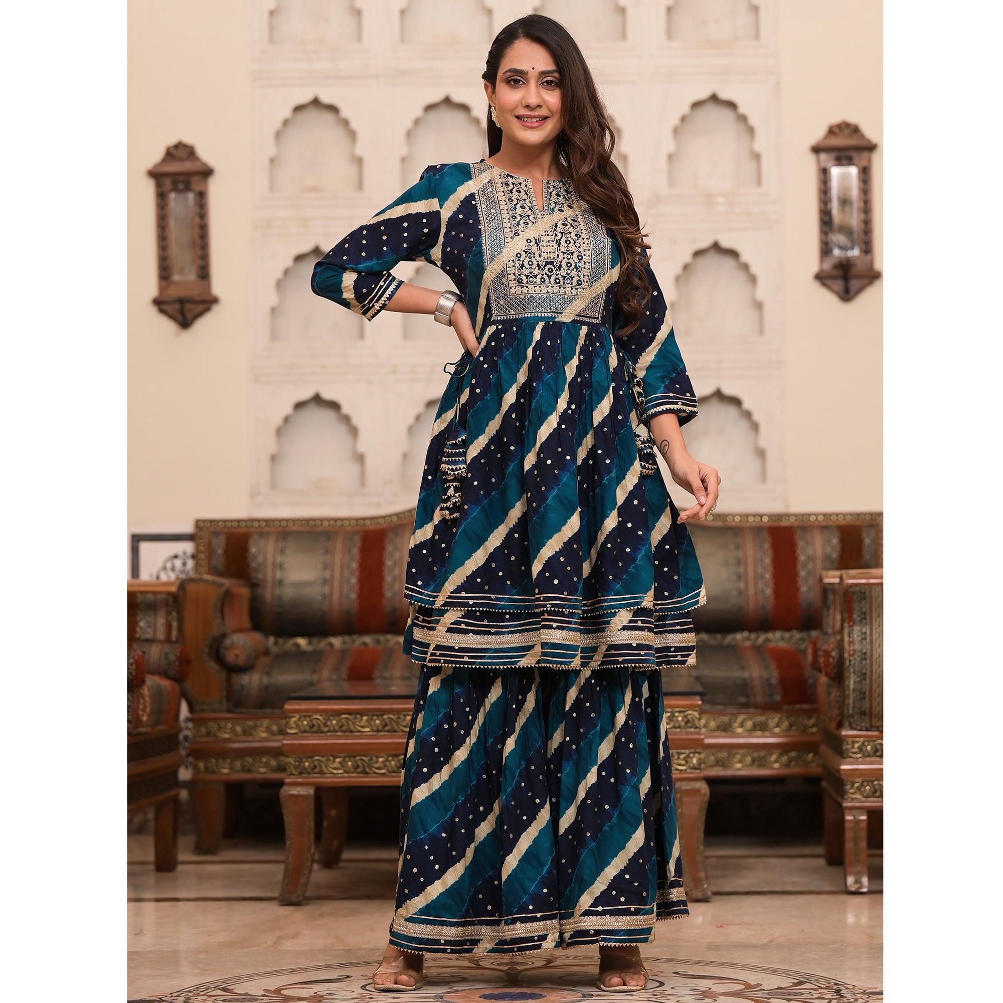 Blue Printed-Embroidered Rayon Sharara Suit - Peachmode
