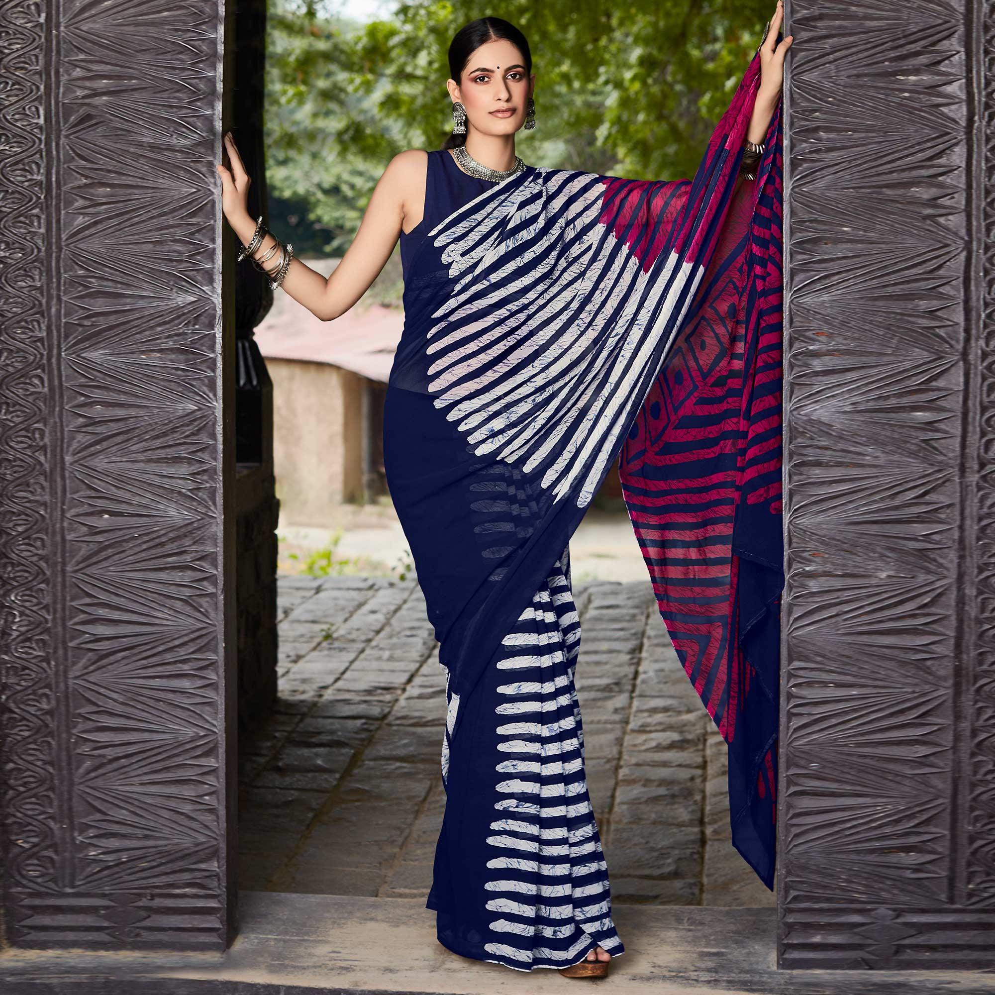 Blue Printed Geoergette Saree - Peachmode