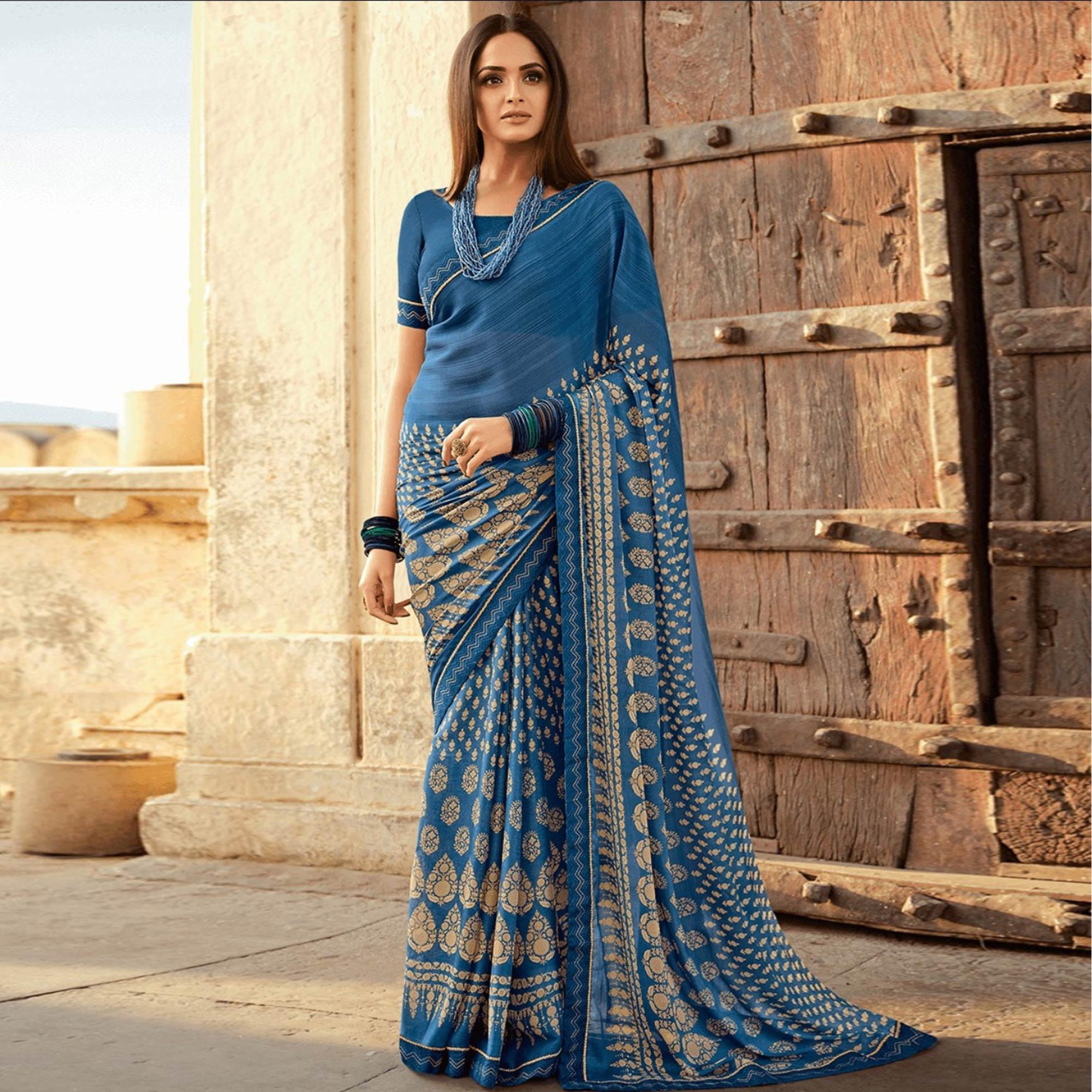 Blue Printed Georgette Saree - Peachmode