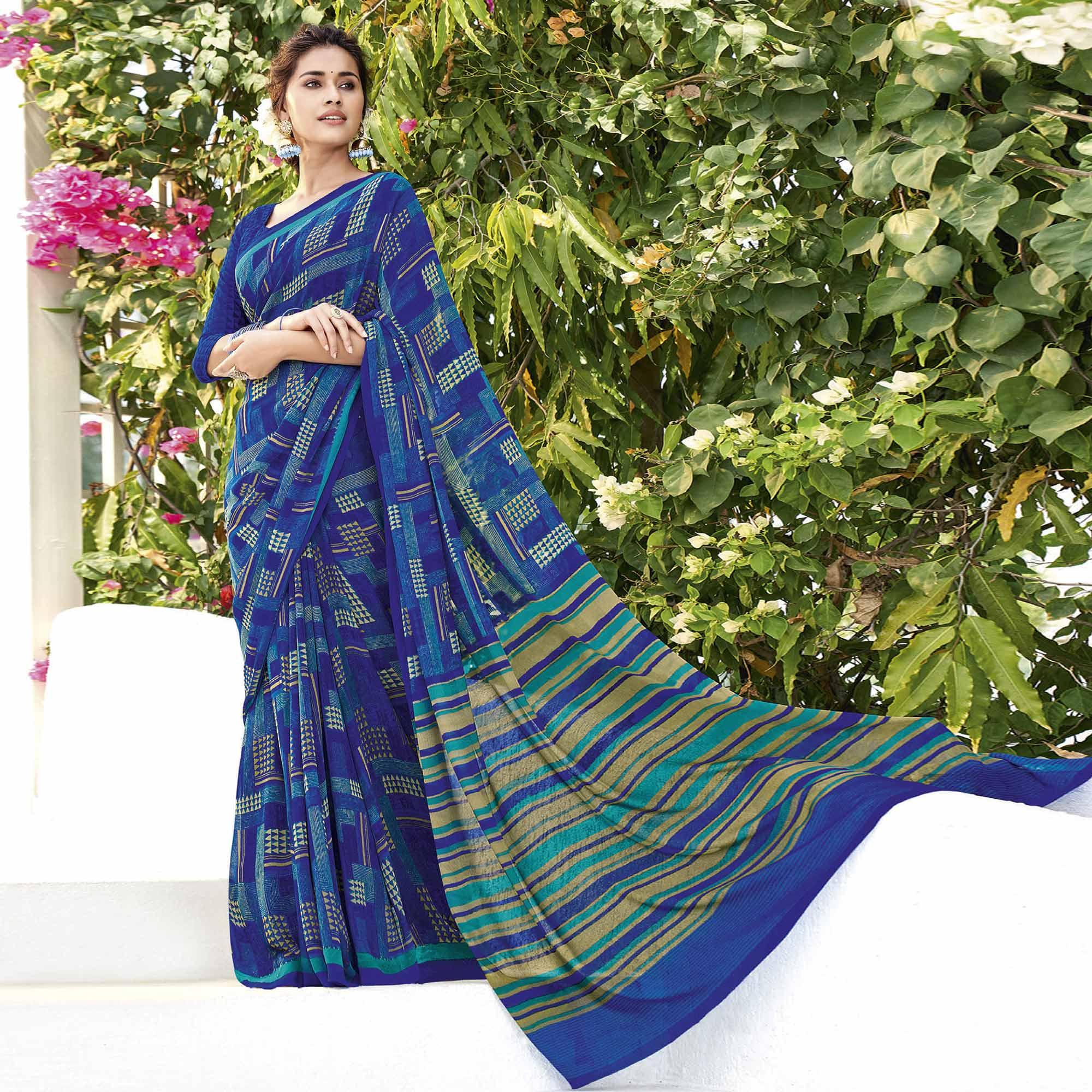 Blue Printed Georgette Saree - Peachmode