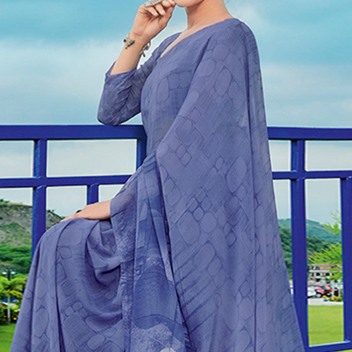 Blue Printed Georgette Saree - Peachmode