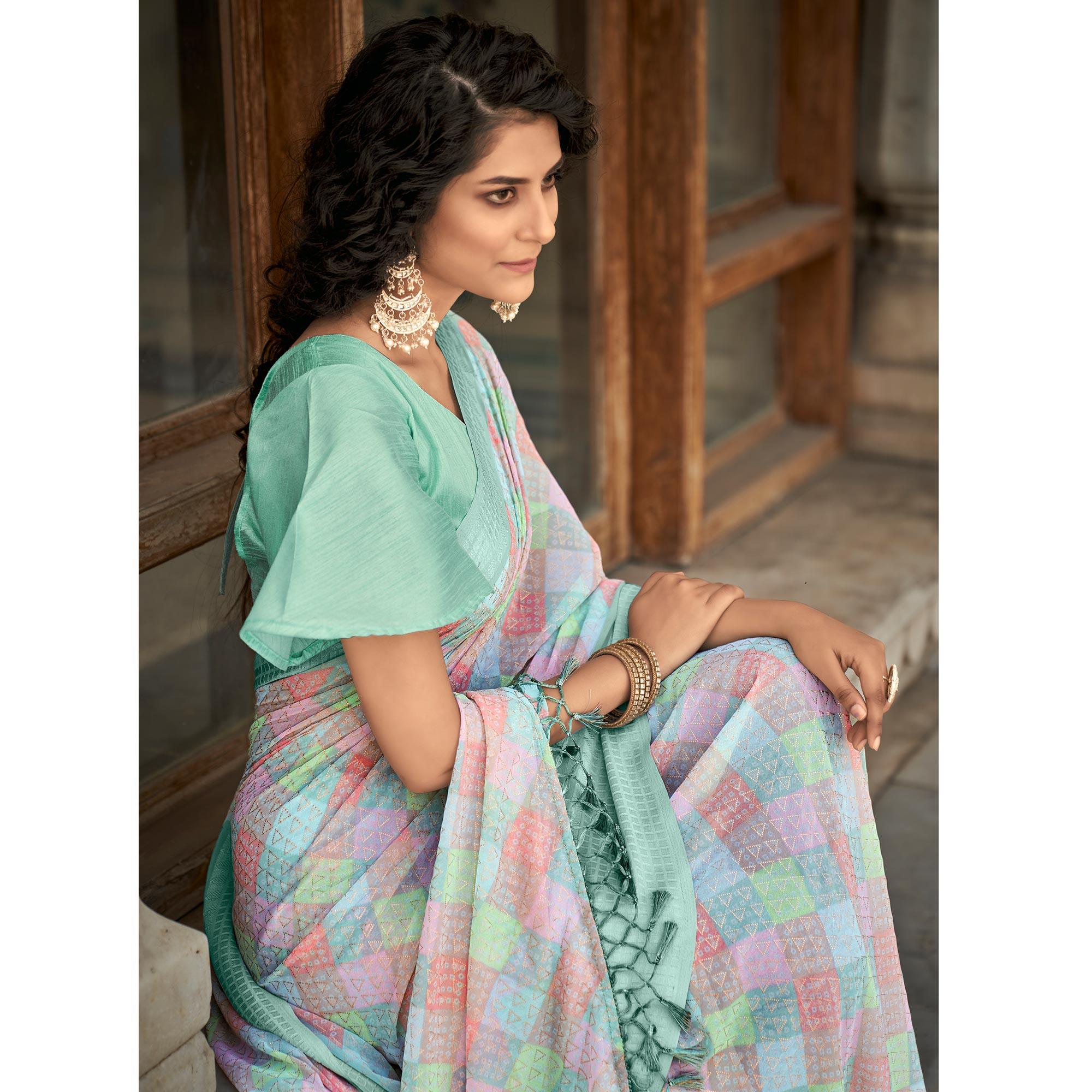 Blue Printed Georgette Saree With Tassels - Peachmode