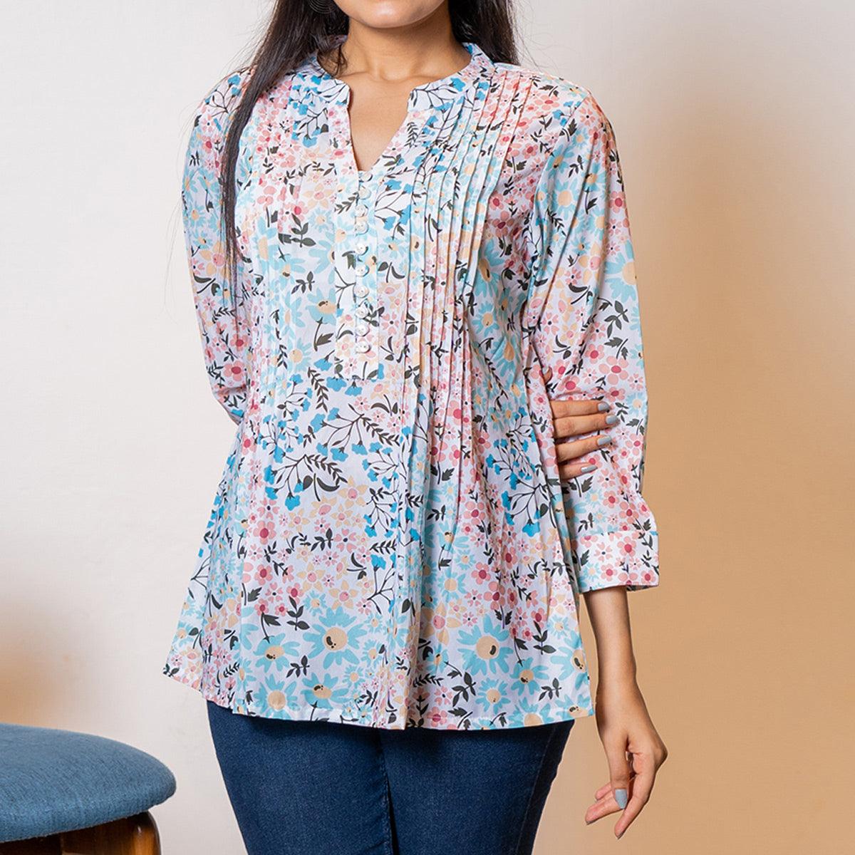 Blue Printed Georgette Top - Peachmode