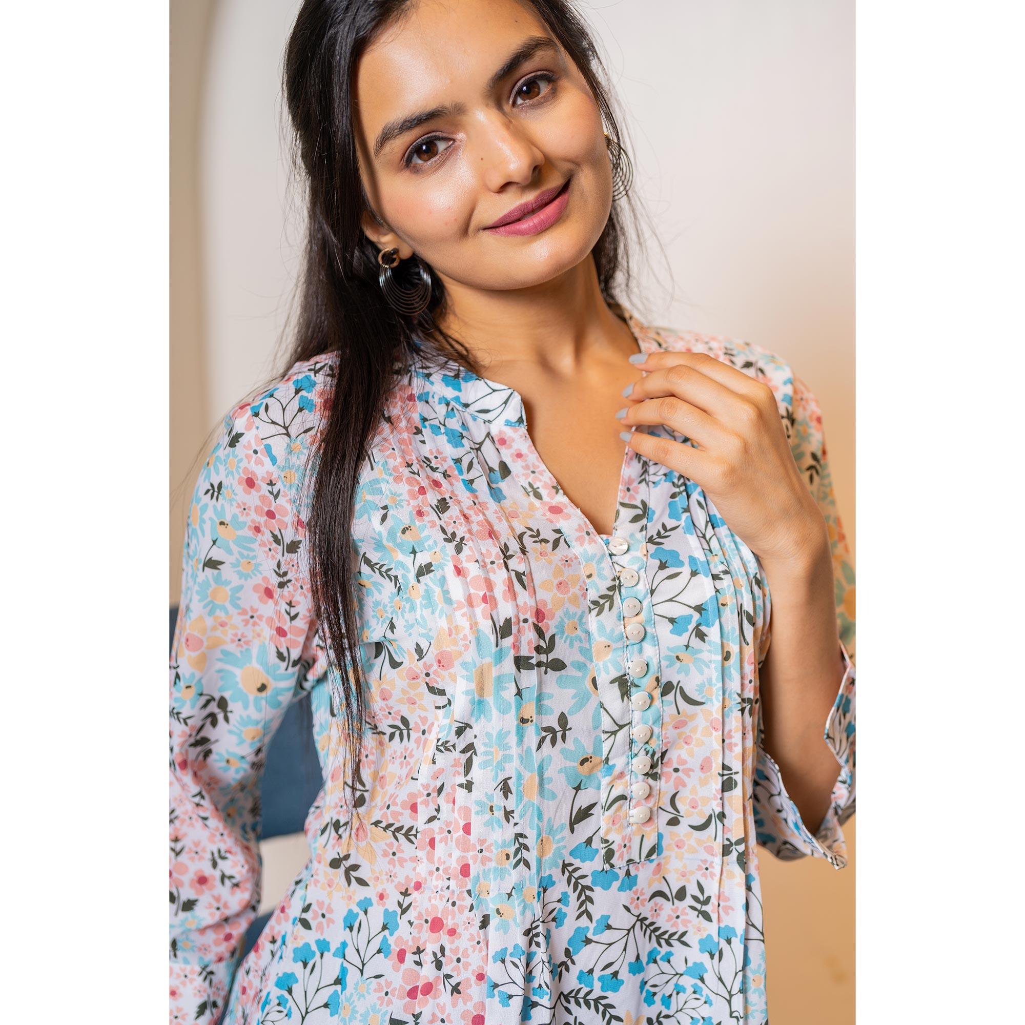 Blue Printed Georgette Top - Peachmode