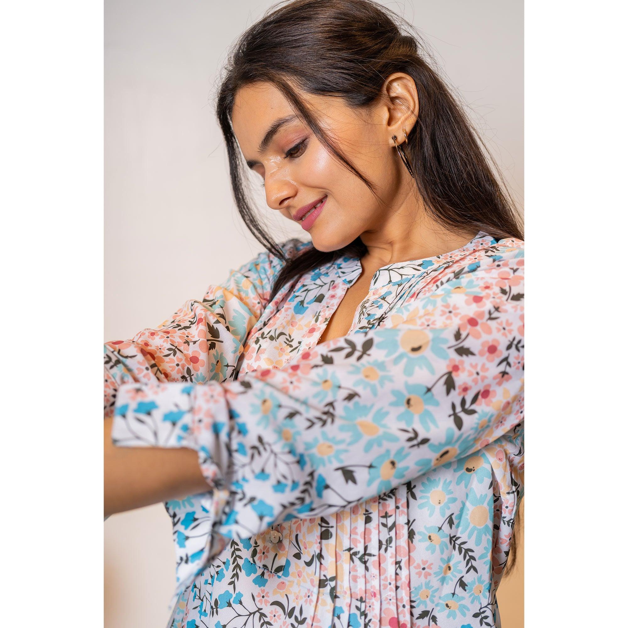 Blue Printed Georgette Top - Peachmode