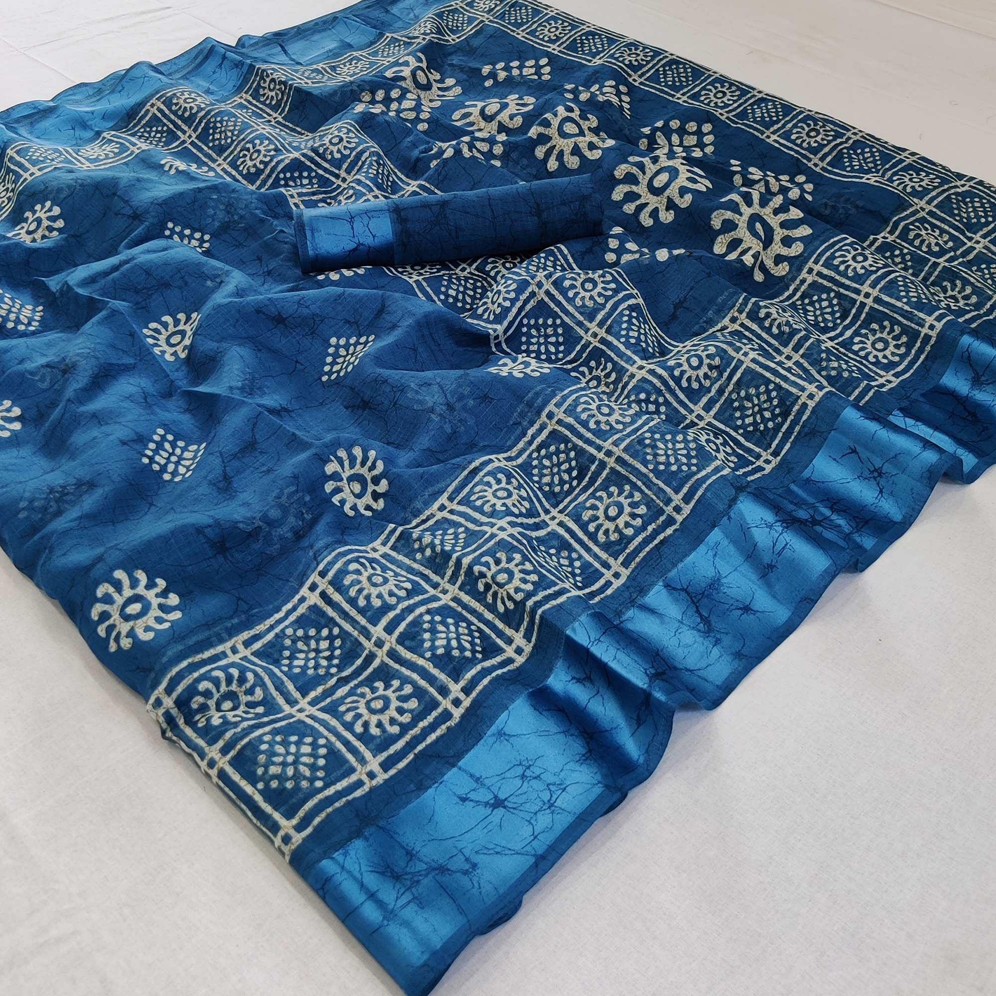 Blue Printed Linen Saree - Peachmode