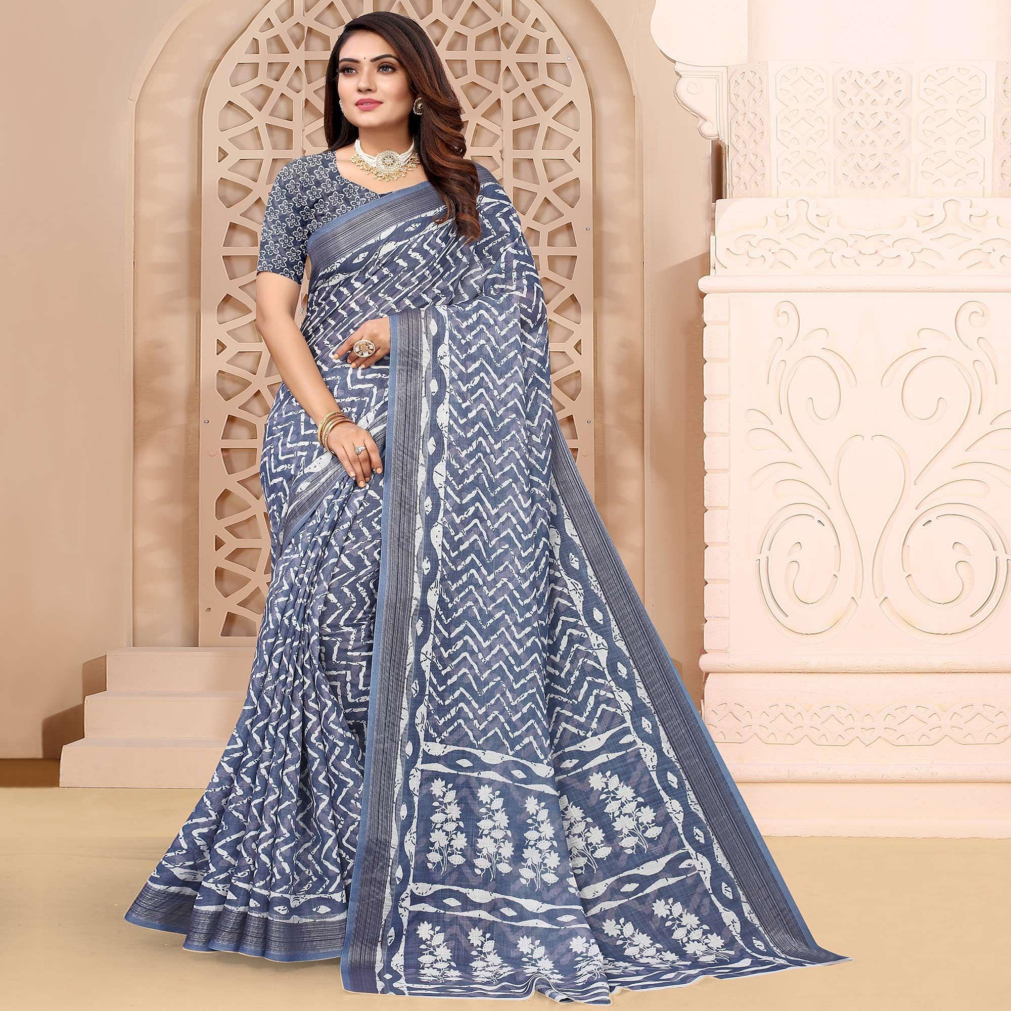 Blue Printed Linen Saree - Peachmode