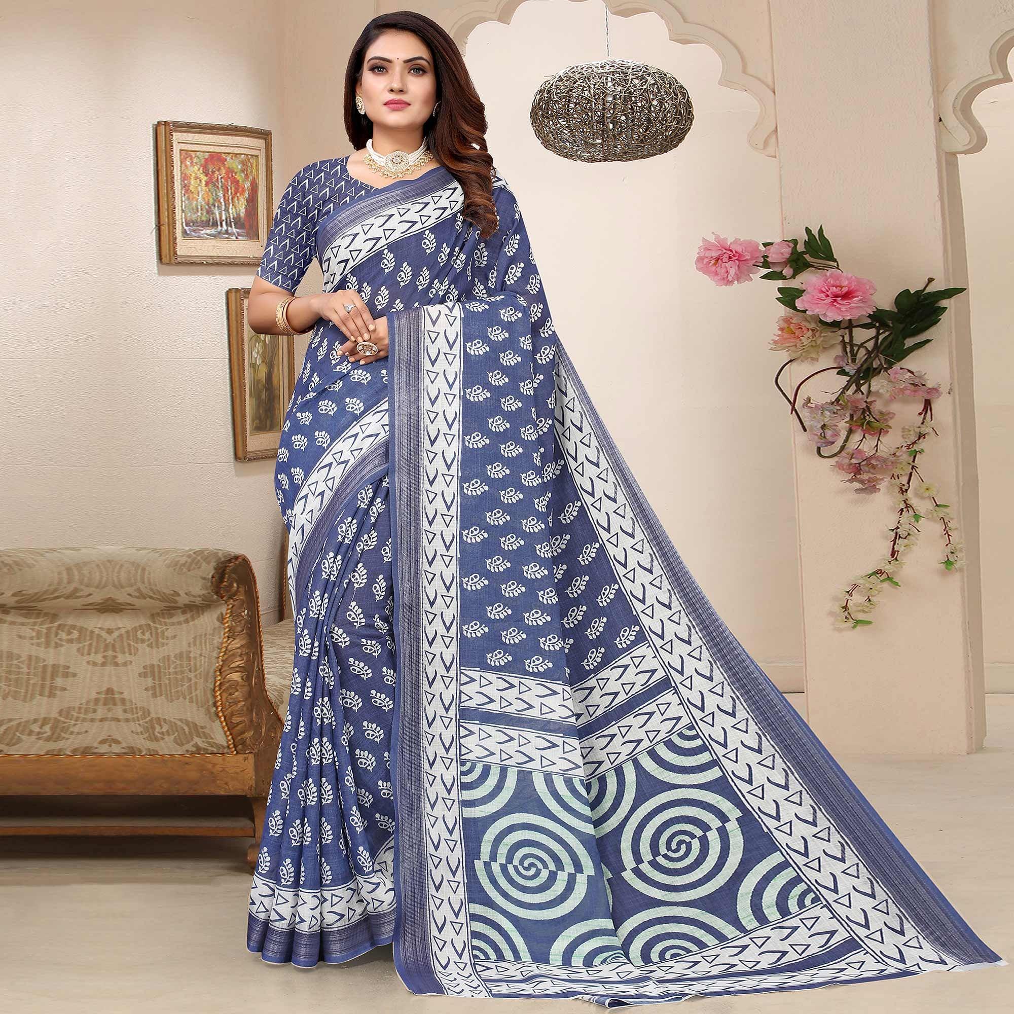 Blue Printed Linen Saree - Peachmode