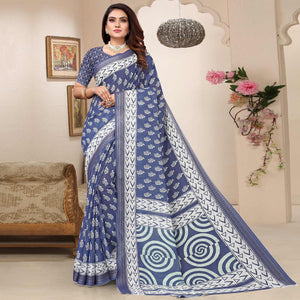 Blue Printed Linen Saree - Peachmode