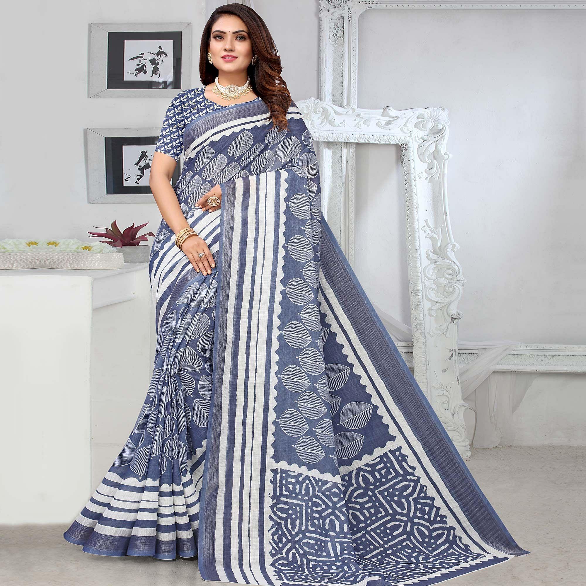 Blue Printed Linen Saree - Peachmode