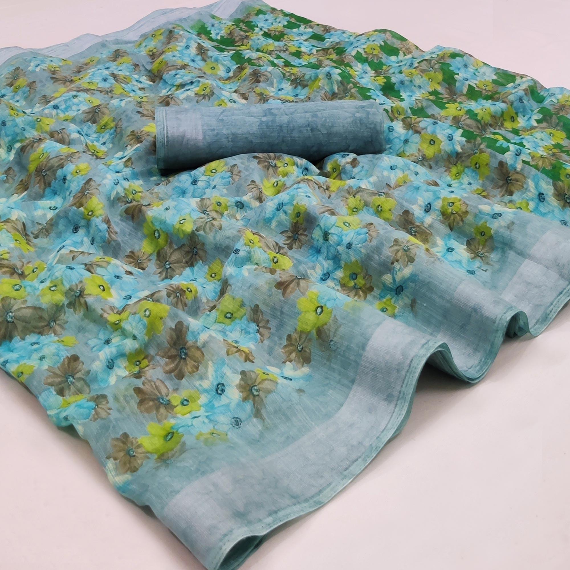 Blue Printed Linen Saree - Peachmode