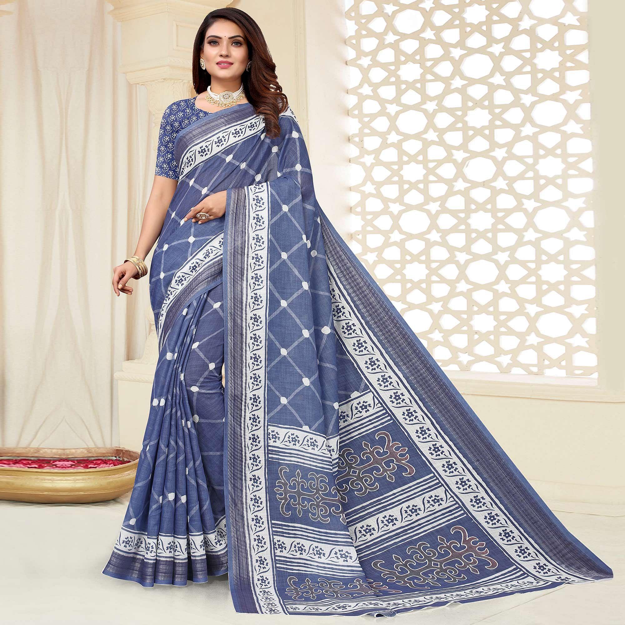 Blue Printed Linen Saree - Peachmode