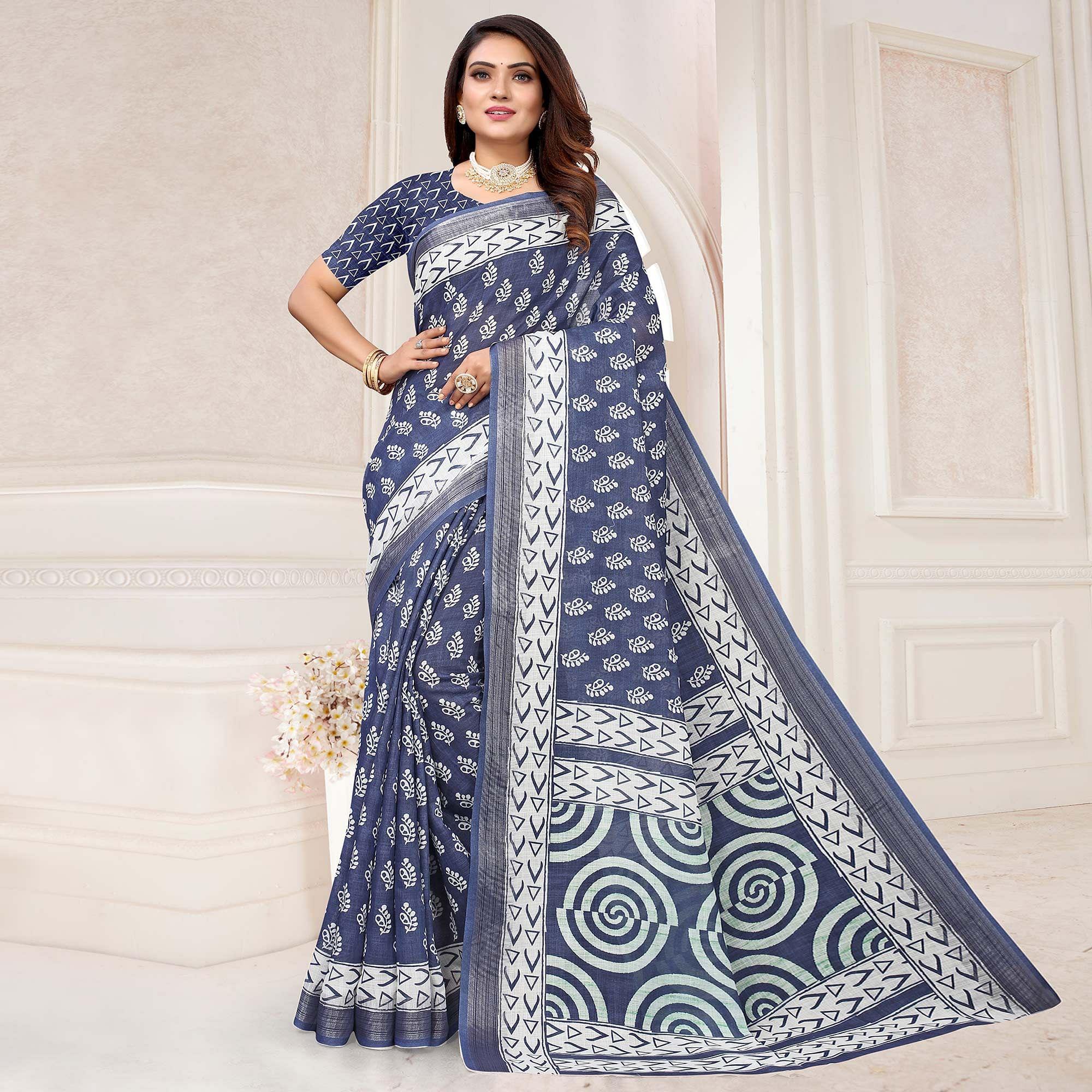 Blue Printed Linen Saree - Peachmode