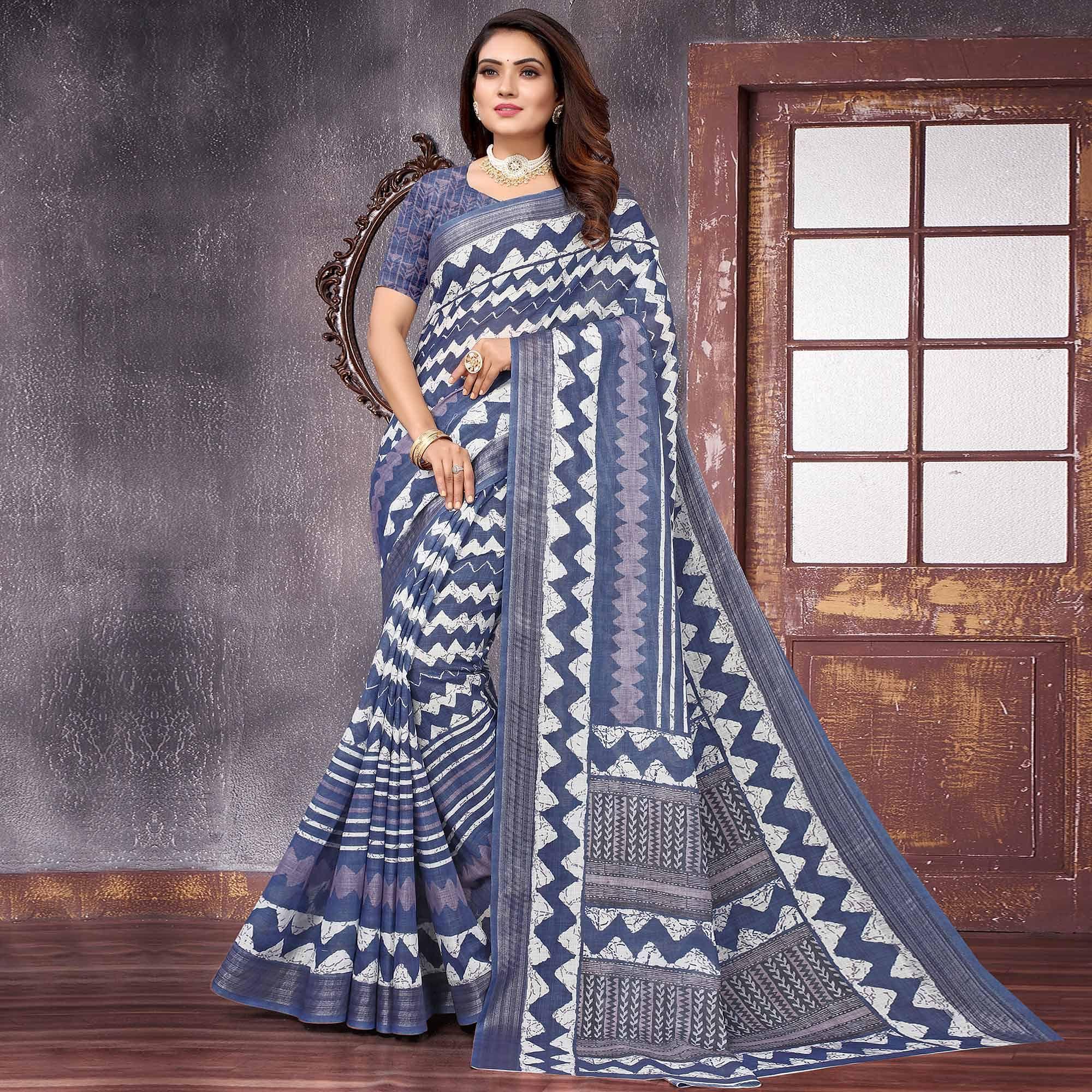 Blue Printed Linen Saree - Peachmode