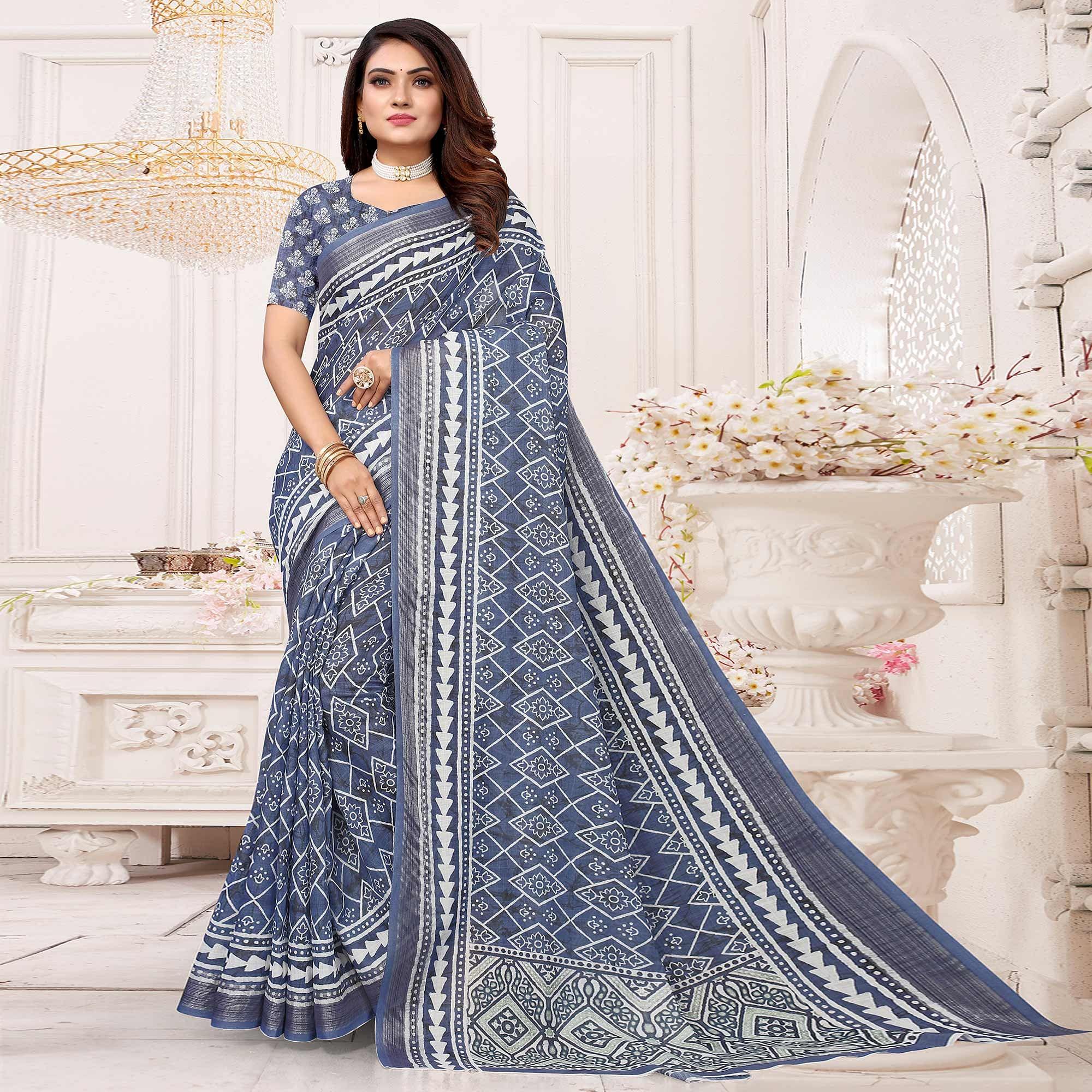 Blue Printed Linen Saree - Peachmode