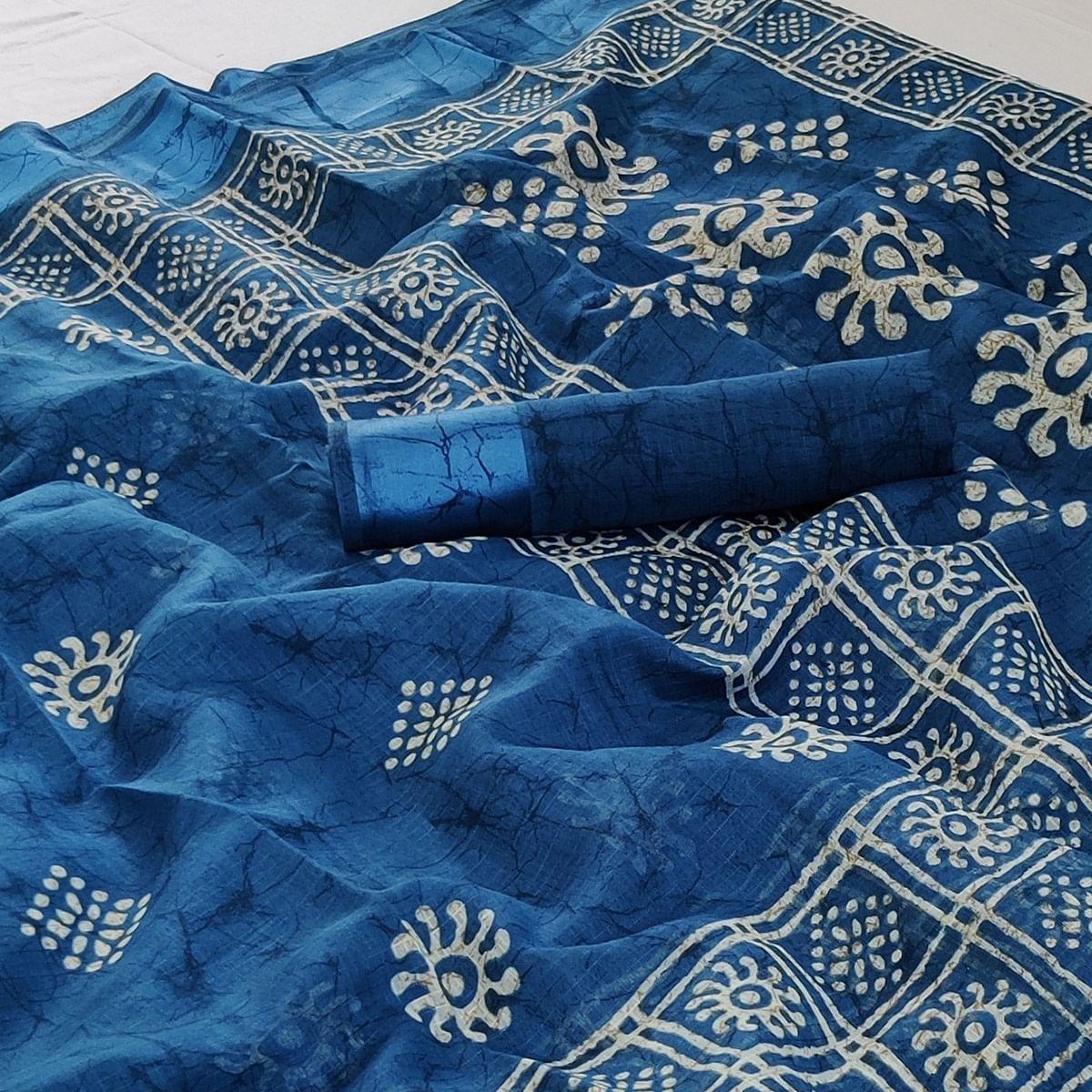 Blue Printed Linen Saree - Peachmode