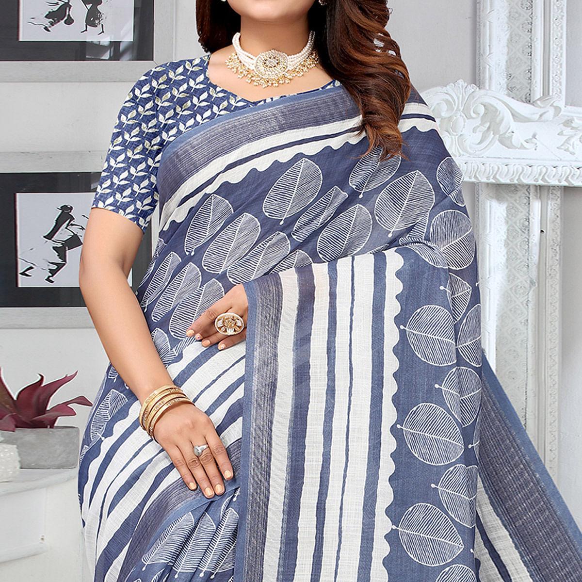 Blue Printed Linen Saree - Peachmode