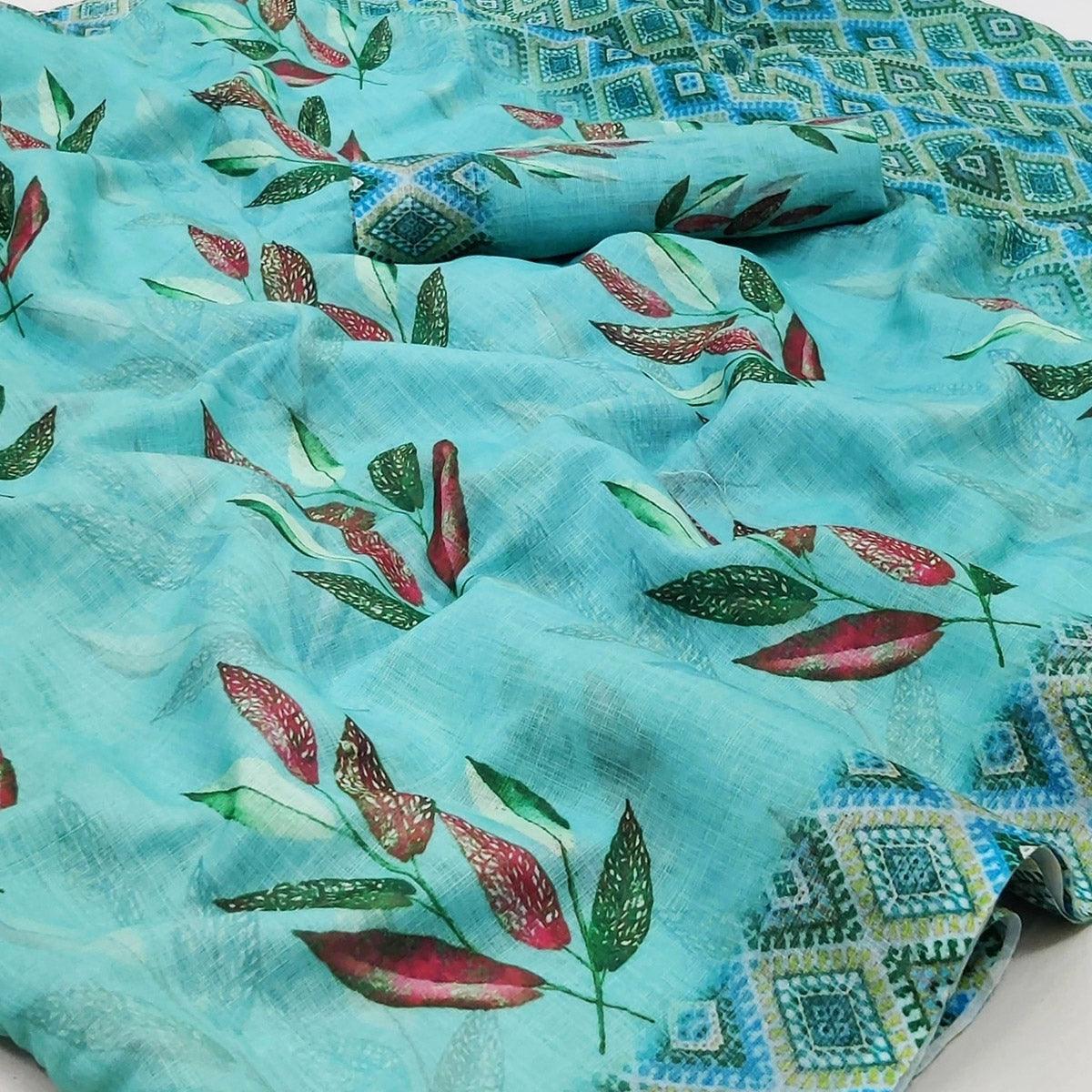 Blue Printed Linen Saree - Peachmode