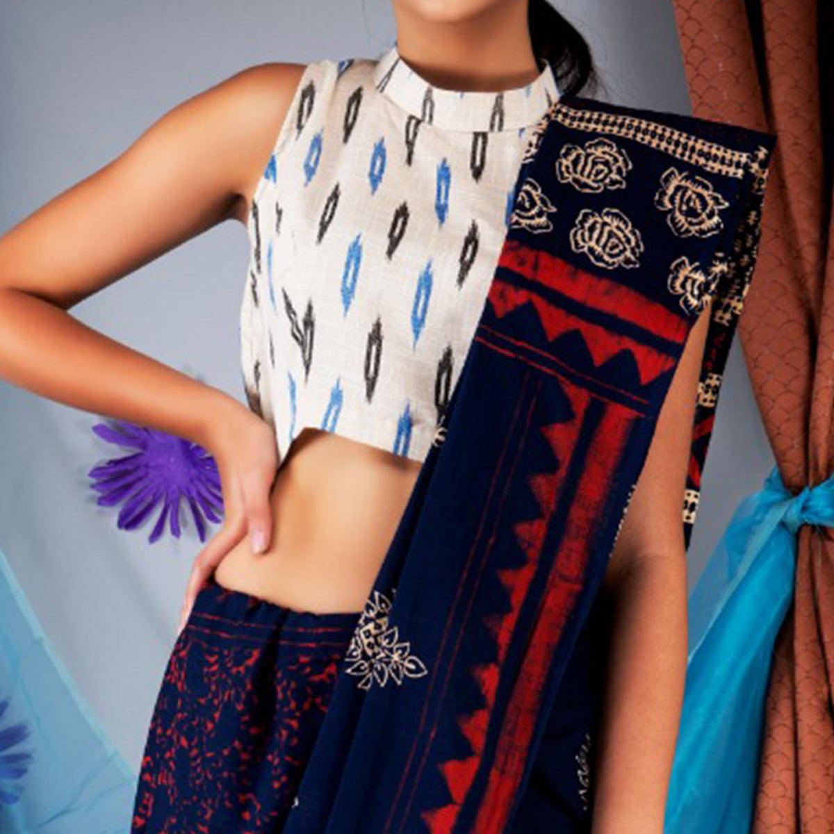 Blue Printed Linen Saree - Peachmode