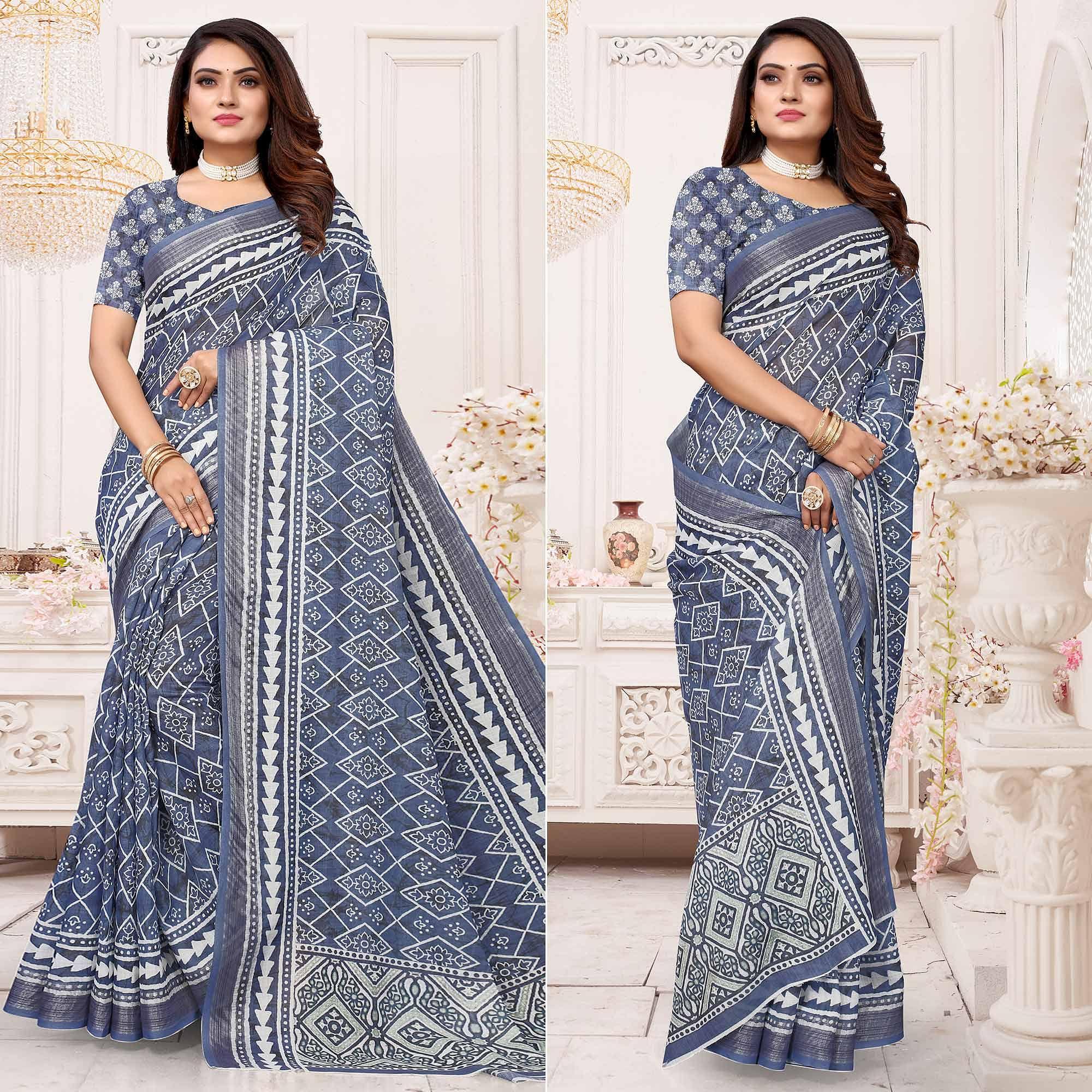 Blue Printed Linen Saree - Peachmode