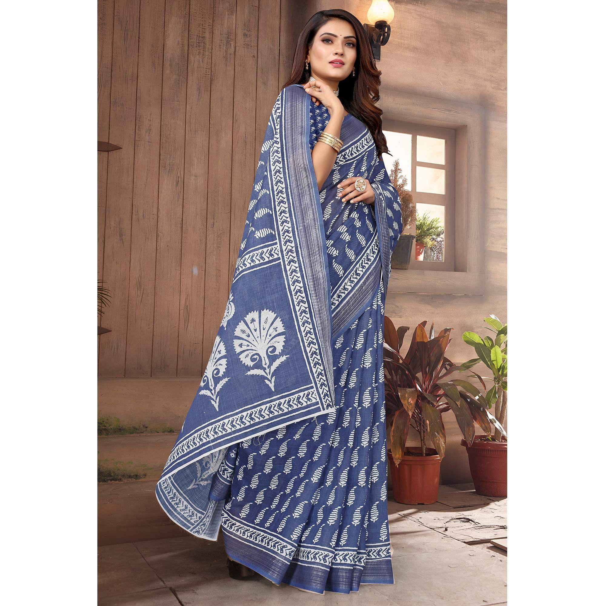 Blue Printed Linen Saree - Peachmode