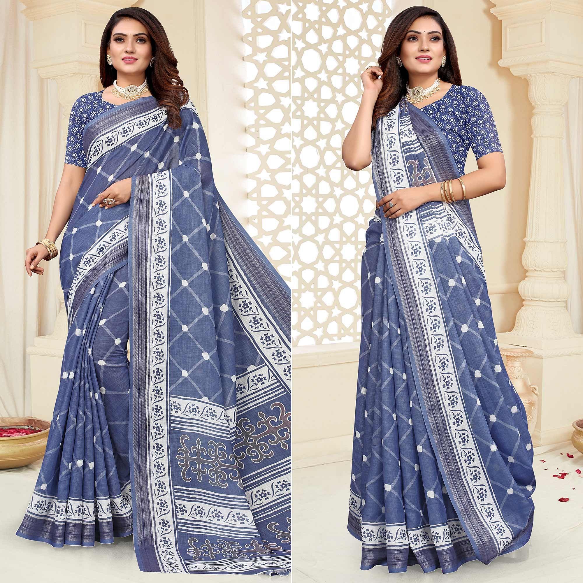 Blue Printed Linen Saree - Peachmode