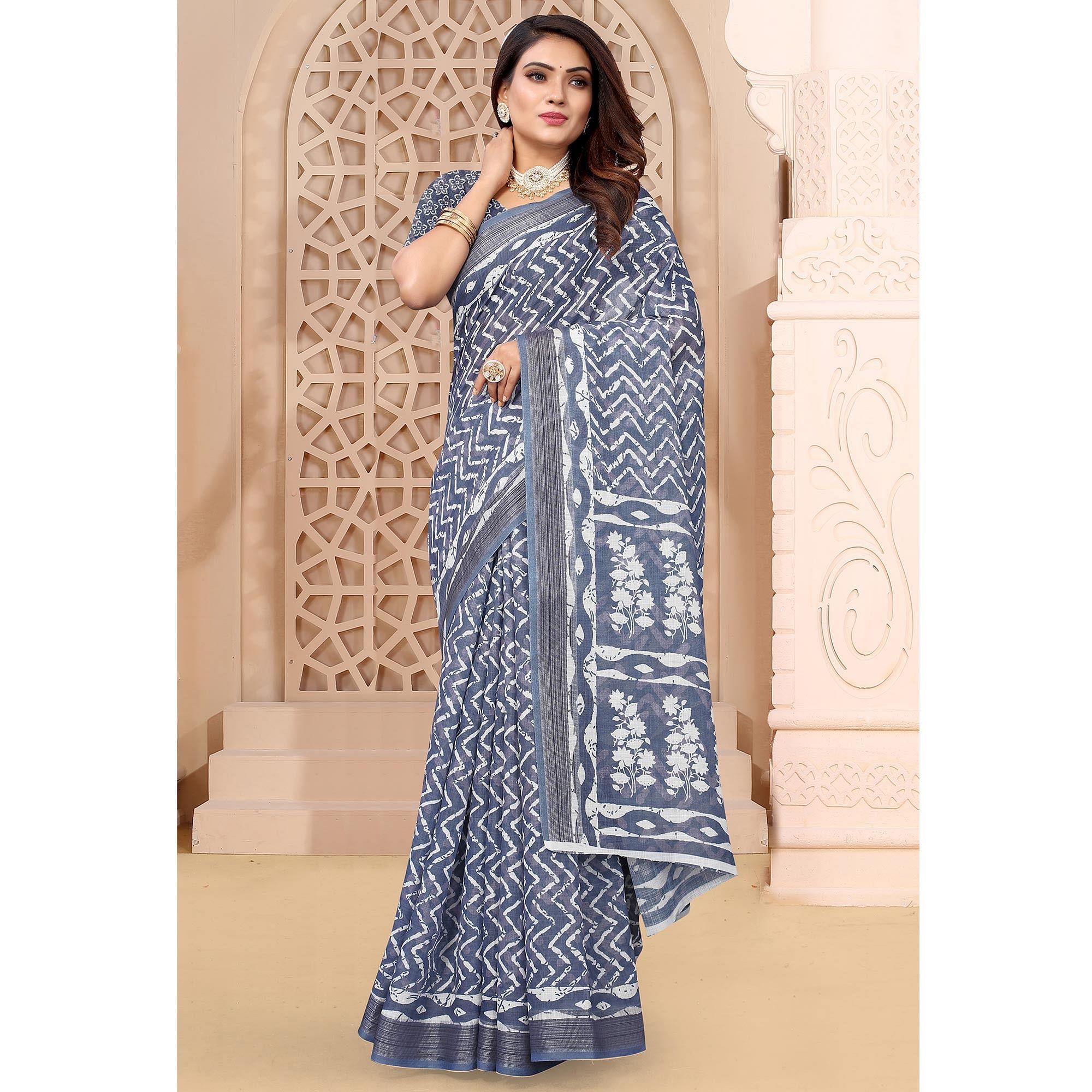 Blue Printed Linen Saree - Peachmode