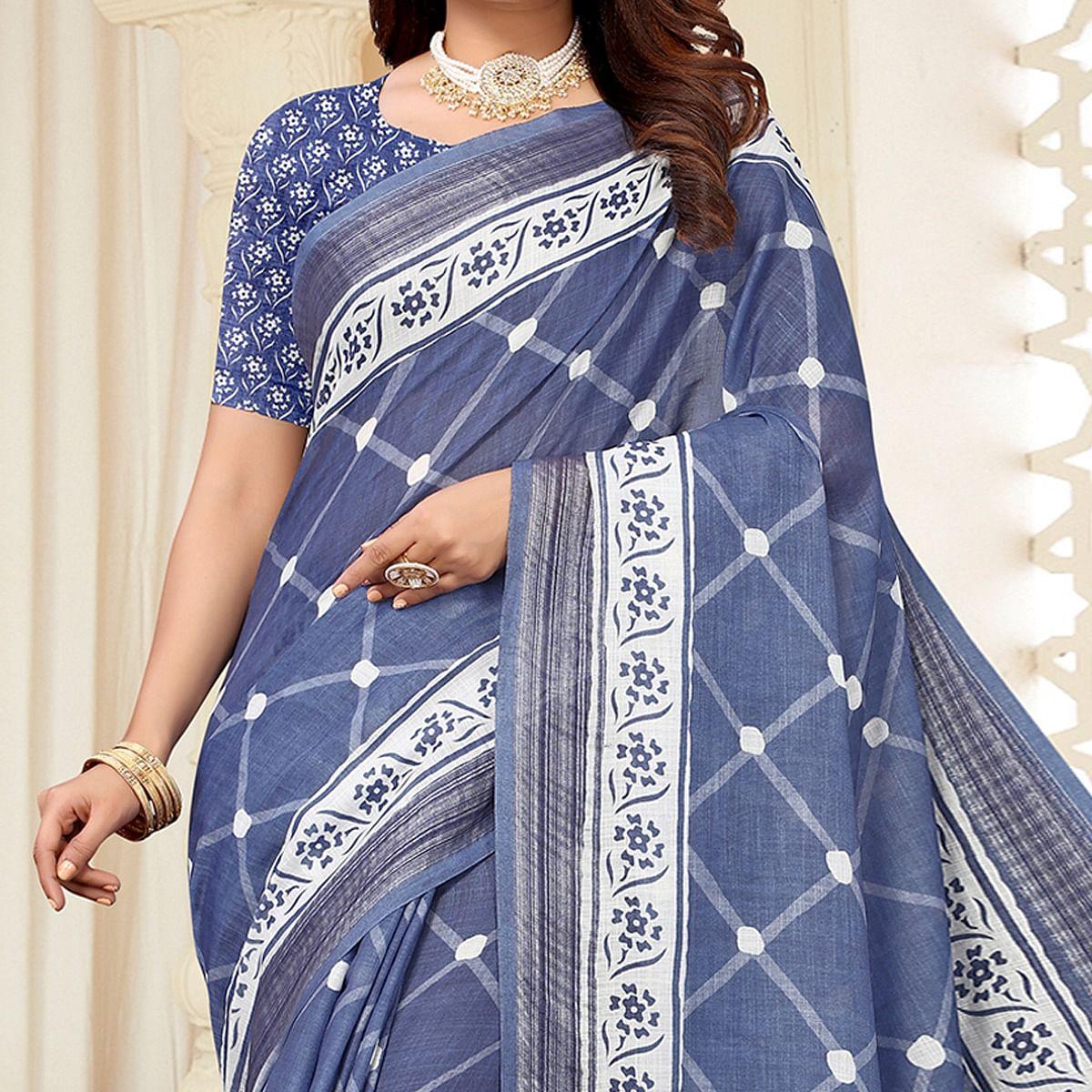 Blue Printed Linen Saree - Peachmode