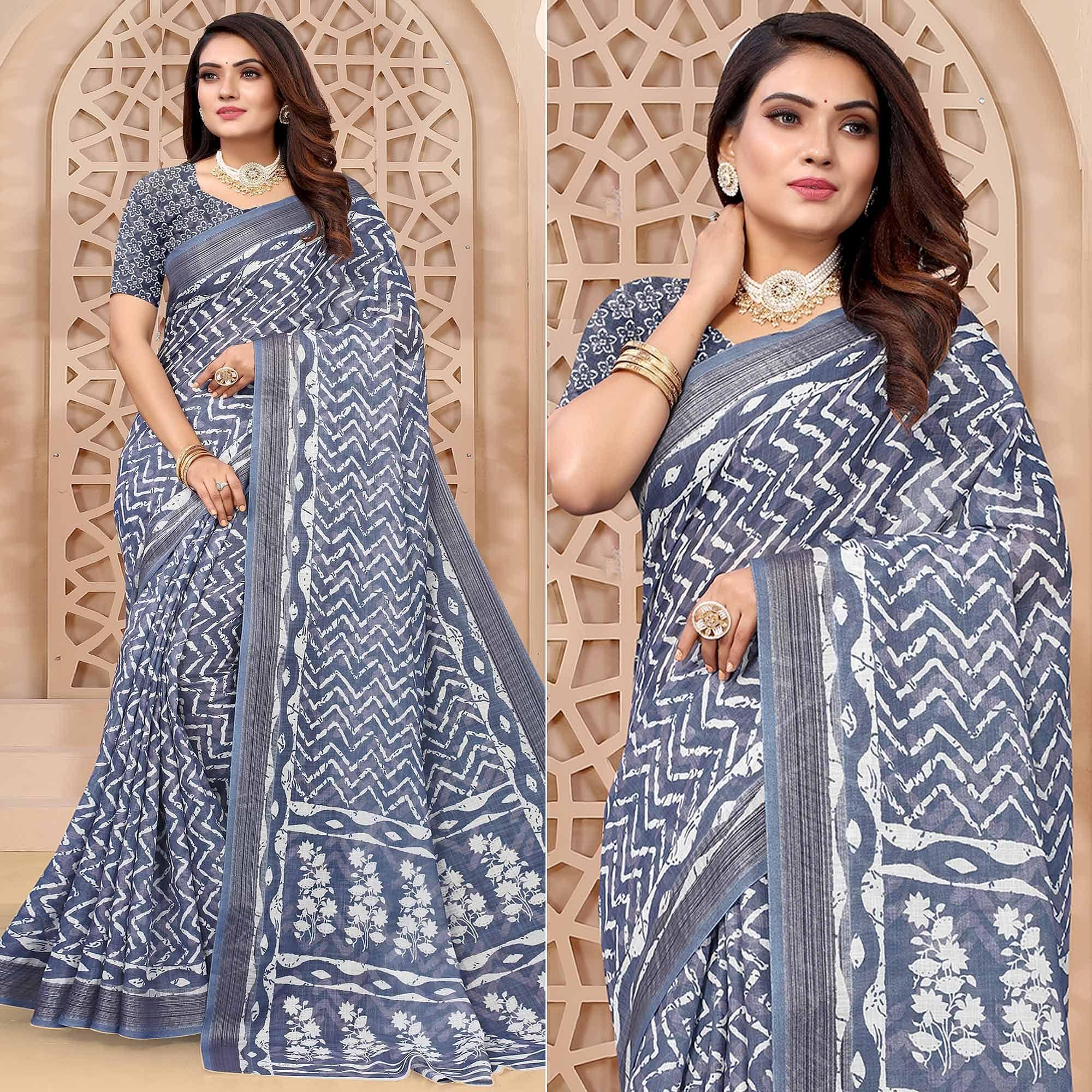 Blue Printed Linen Saree - Peachmode