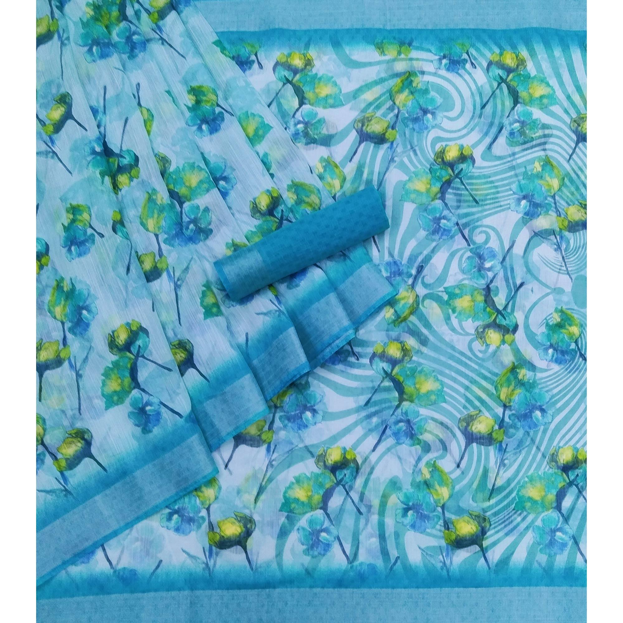 Blue Printed Linen Saree - Peachmode